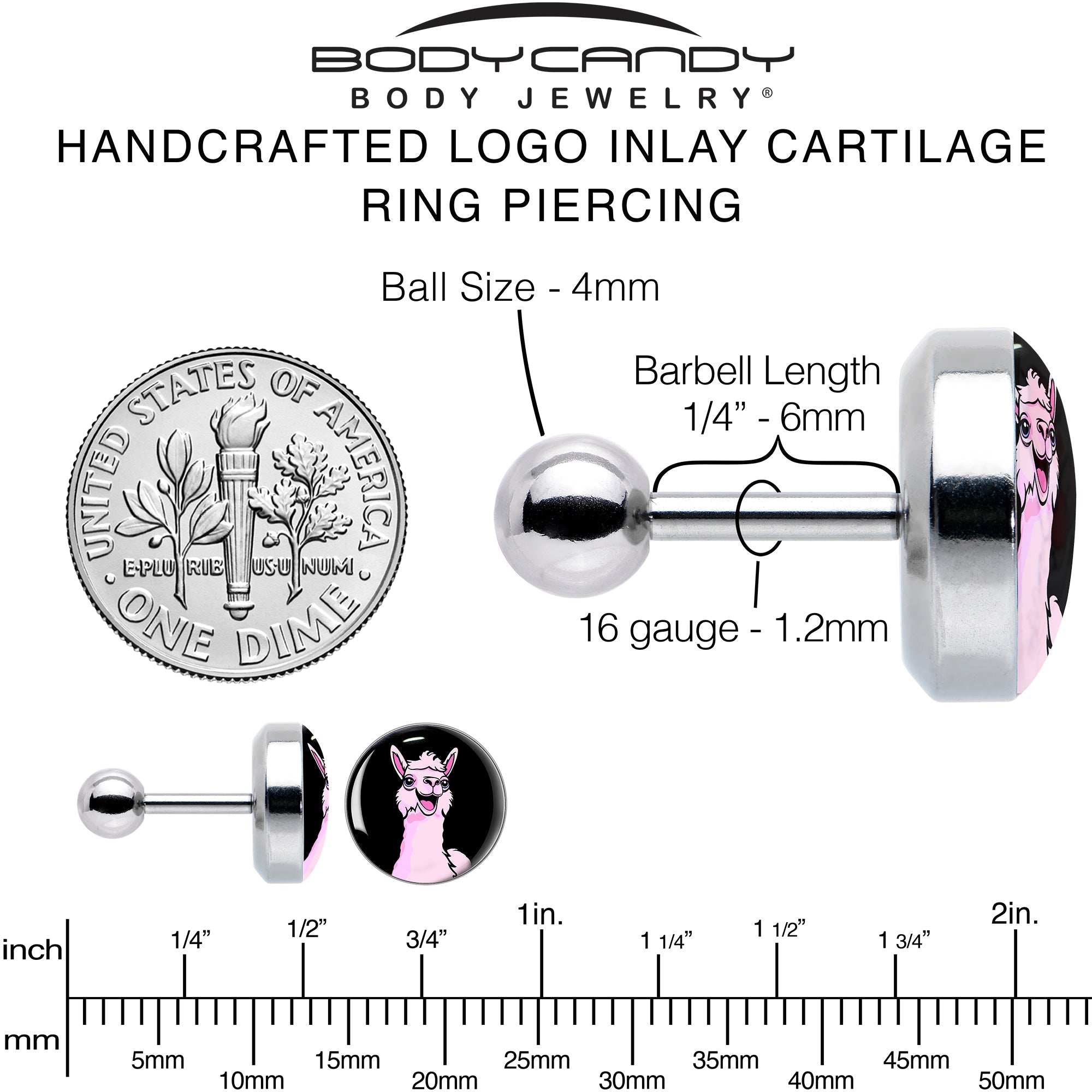 BodyCandy 16G 1/4 Pink Happy Llama Cartilage Tragus Earring by Onyx O — alternative angle