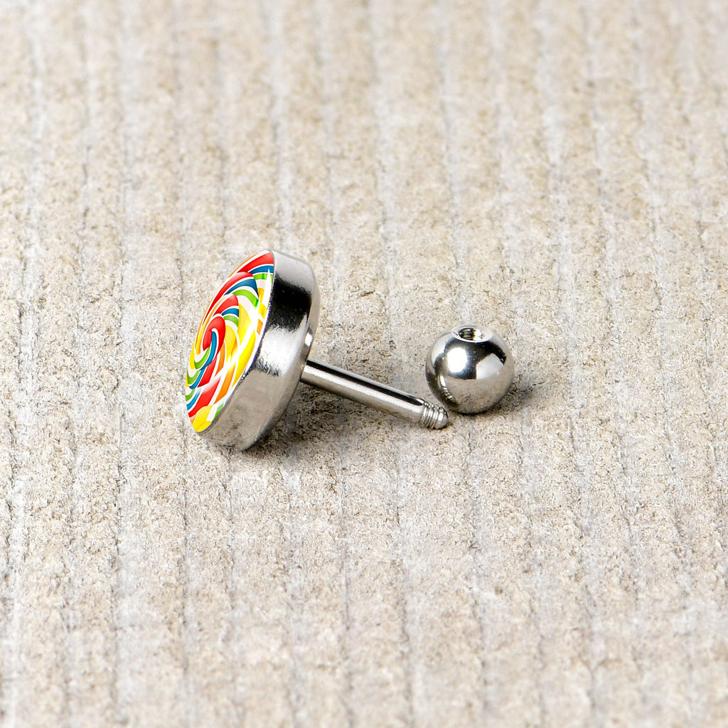 BodyCandy 16G 1/4 Rainbow Swirl Lollipop Cartilage Tragus Earring by Onyx O — back view