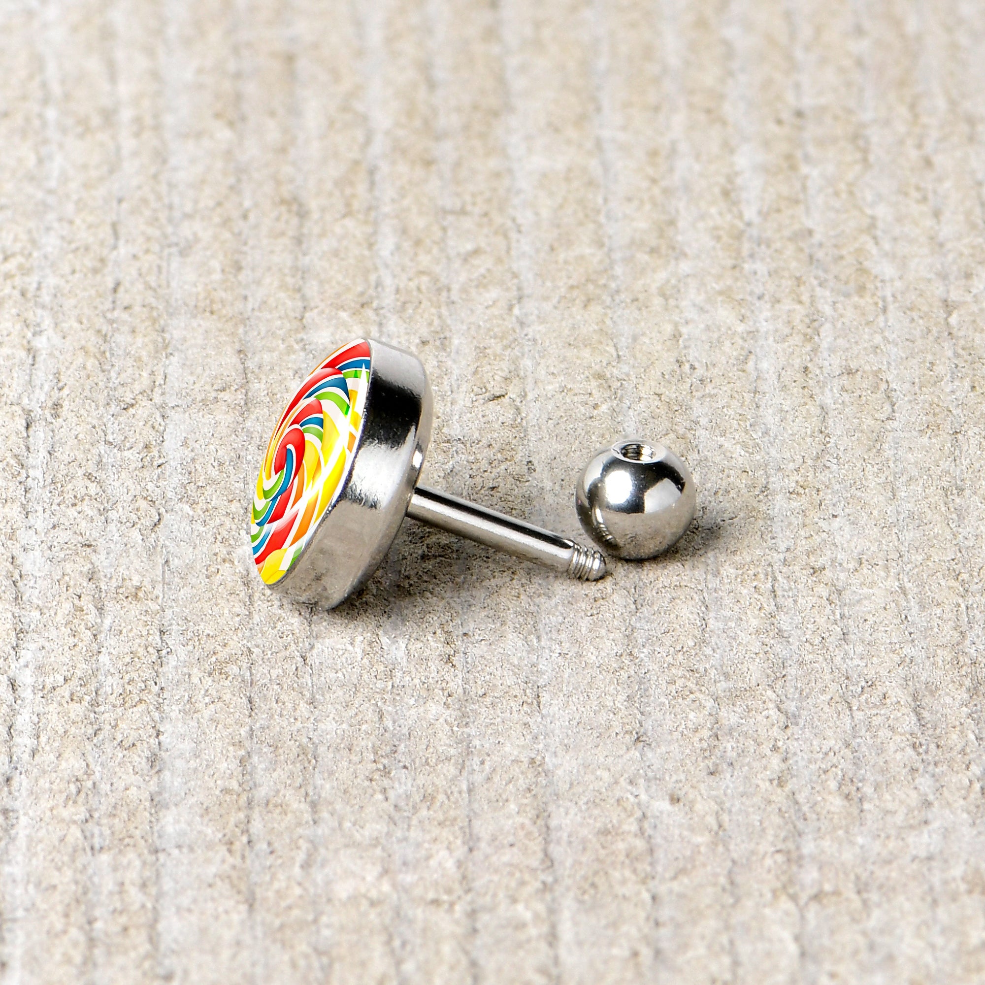 BodyCandy 16G 1/4 Rainbow Swirl Lollipop Cartilage Tragus Earring by Onyx O — back view