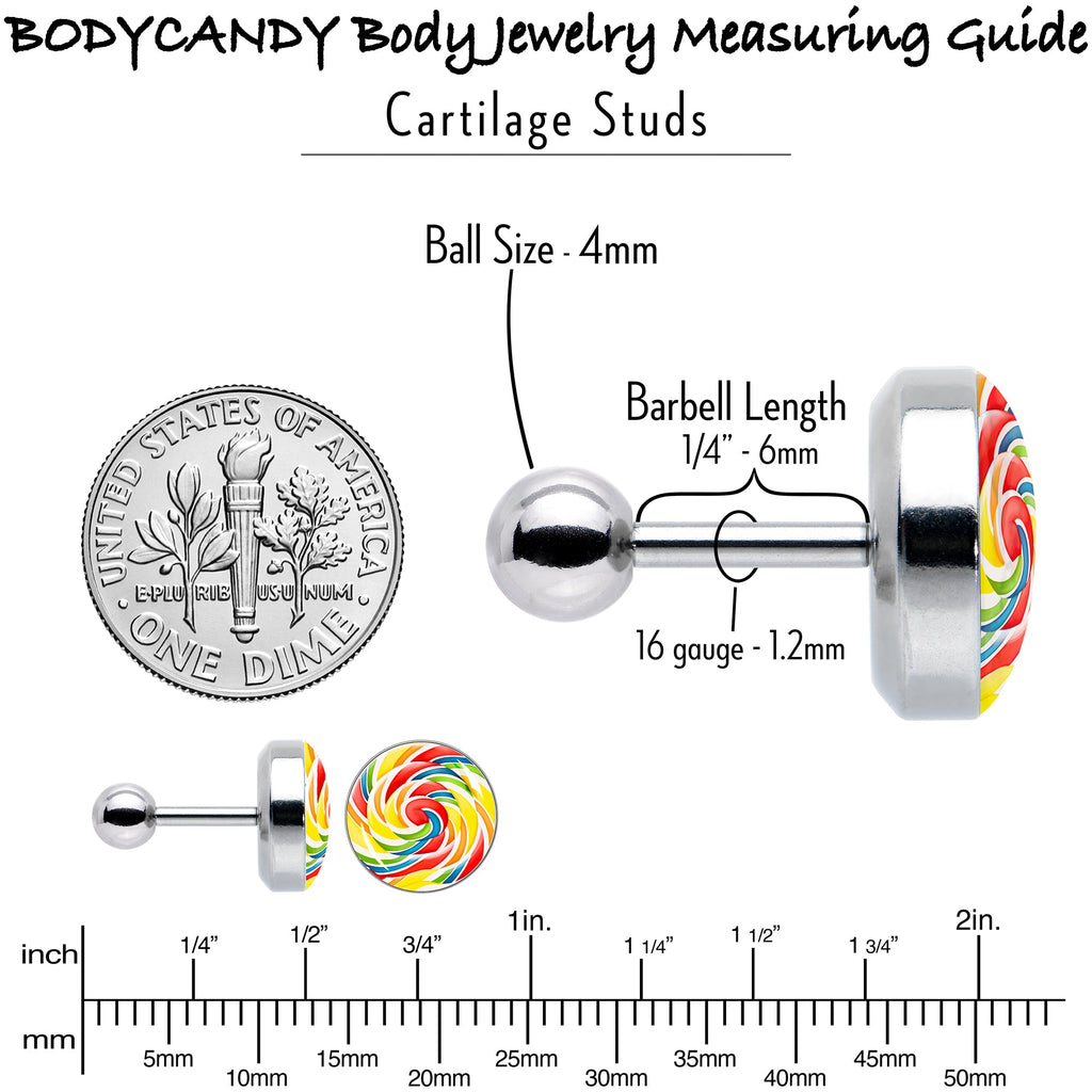 BodyCandy 16G 1/4 Rainbow Swirl Lollipop Cartilage Tragus Earring by Onyx O — size reference