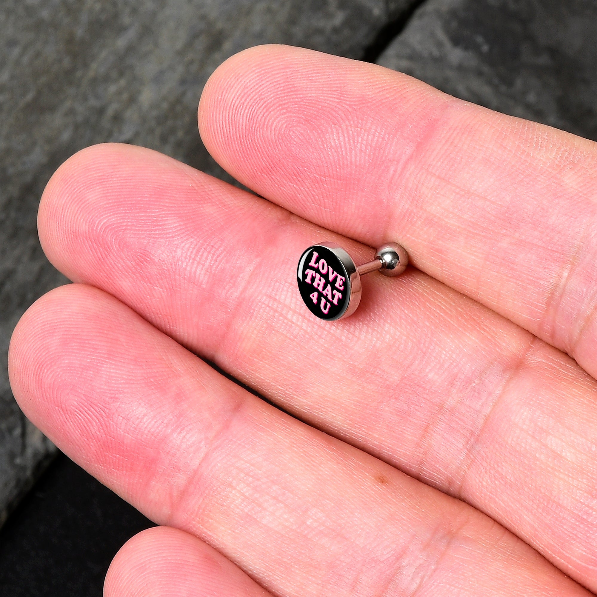 BodyCandy 16G 1/4 Love That 4 You Cartilage Tragus Earring by Onyx O — detail close-up