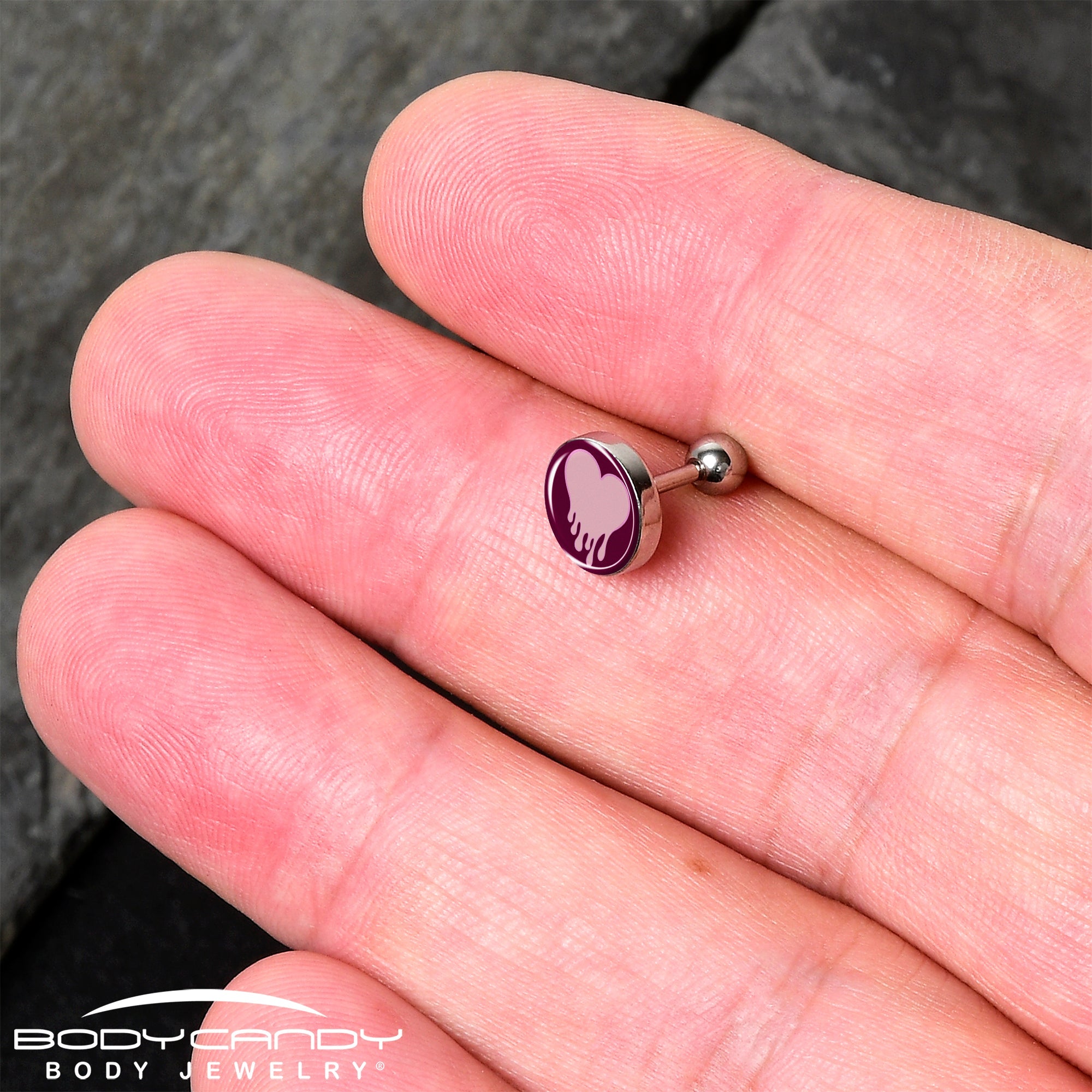 BodyCandy 16G 1/4 Pinkish Melting Heart Tragus Cartilage Earring by Onyx O — detail close-up