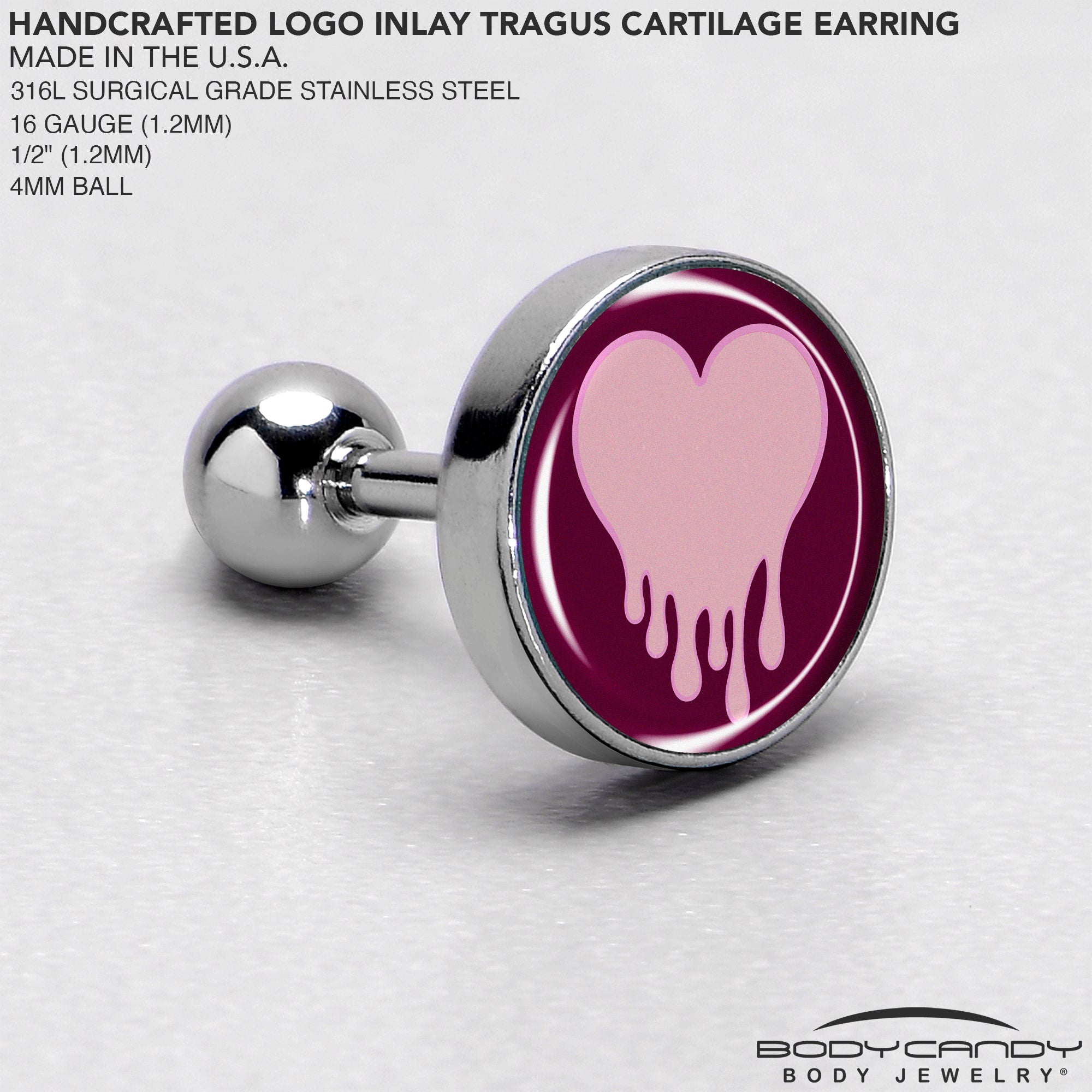 BodyCandy 16G 1/4 Pinkish Melting Heart Tragus Cartilage Earring by Onyx O — side view