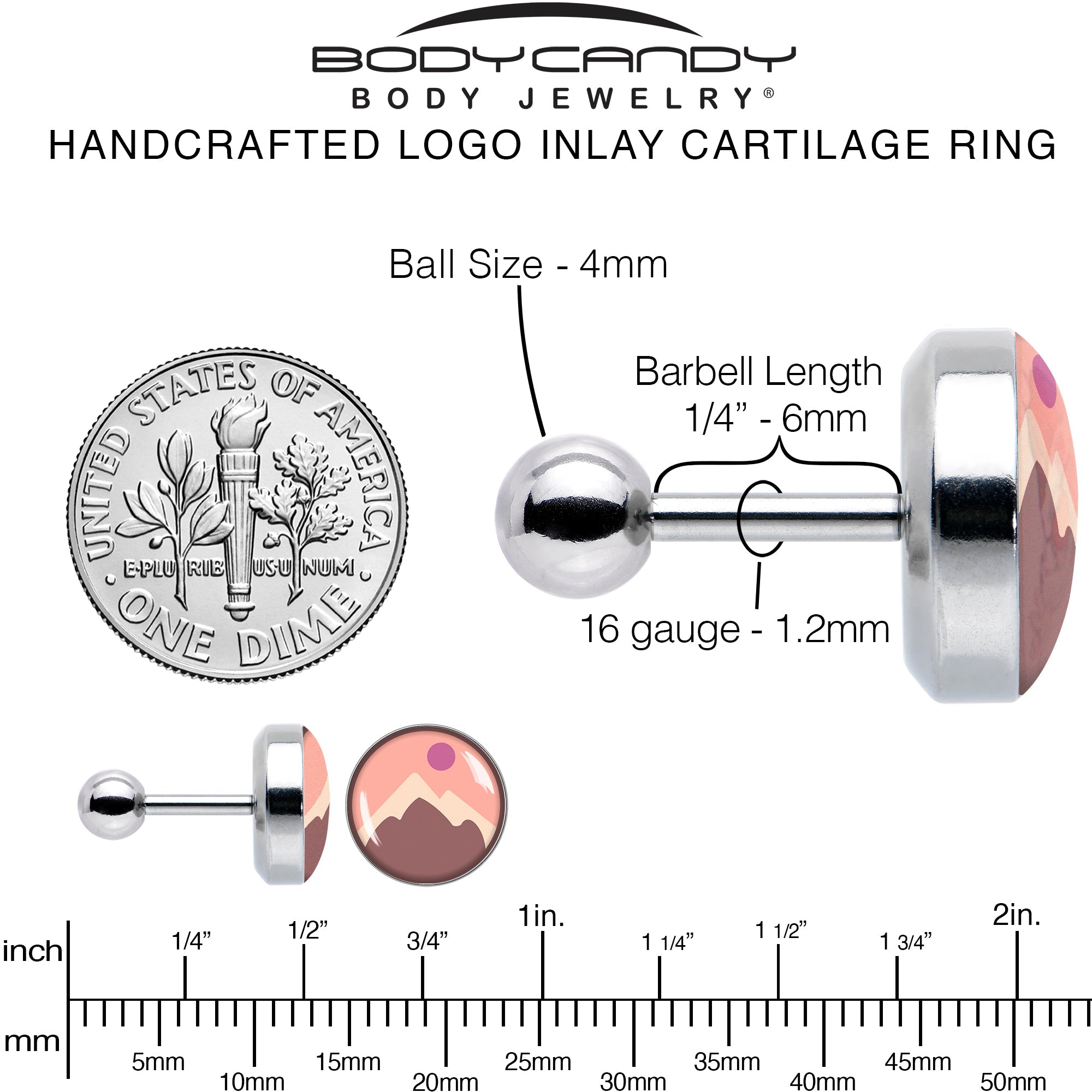 BodyCandy 16G 1/4 Mountain Sunrise Tragus Cartilage Earring by Onyx O — alternative angle
