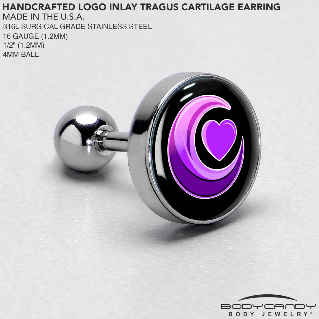 BodyCandy 16G 1/4 Crescent Moon Heart Tragus Cartilage Earring by Onyx O — side view