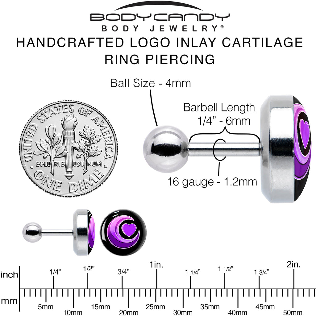 BodyCandy 16G 1/4 Crescent Moon Heart Tragus Cartilage Earring by Onyx O — alternative angle