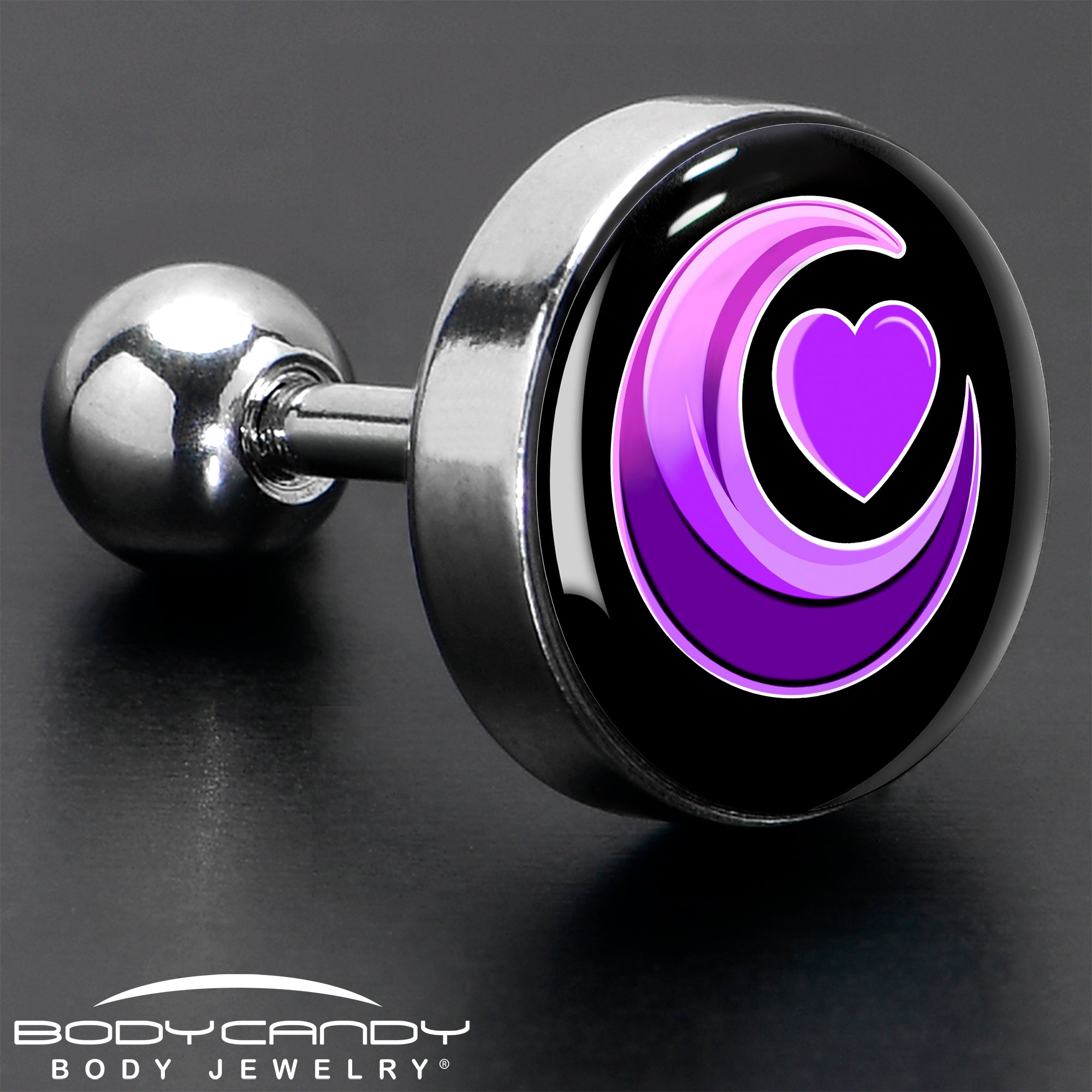 BodyCandy 16G 1/4 Crescent Moon Heart Tragus Cartilage Earring by Onyx O — in-use photo