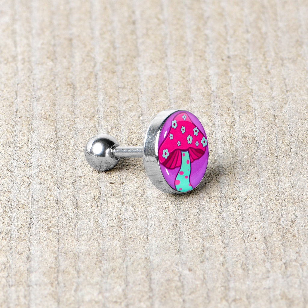BodyCandy 16G 1/4 Funky Floral Mushroom Cartilage Tragus Earring by Onyx O — back view