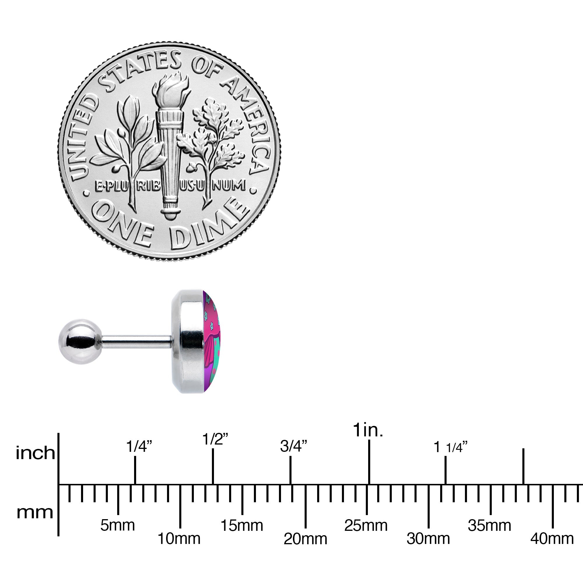 BodyCandy 16G 1/4 Funky Floral Mushroom Cartilage Tragus Earring by Onyx O — size reference