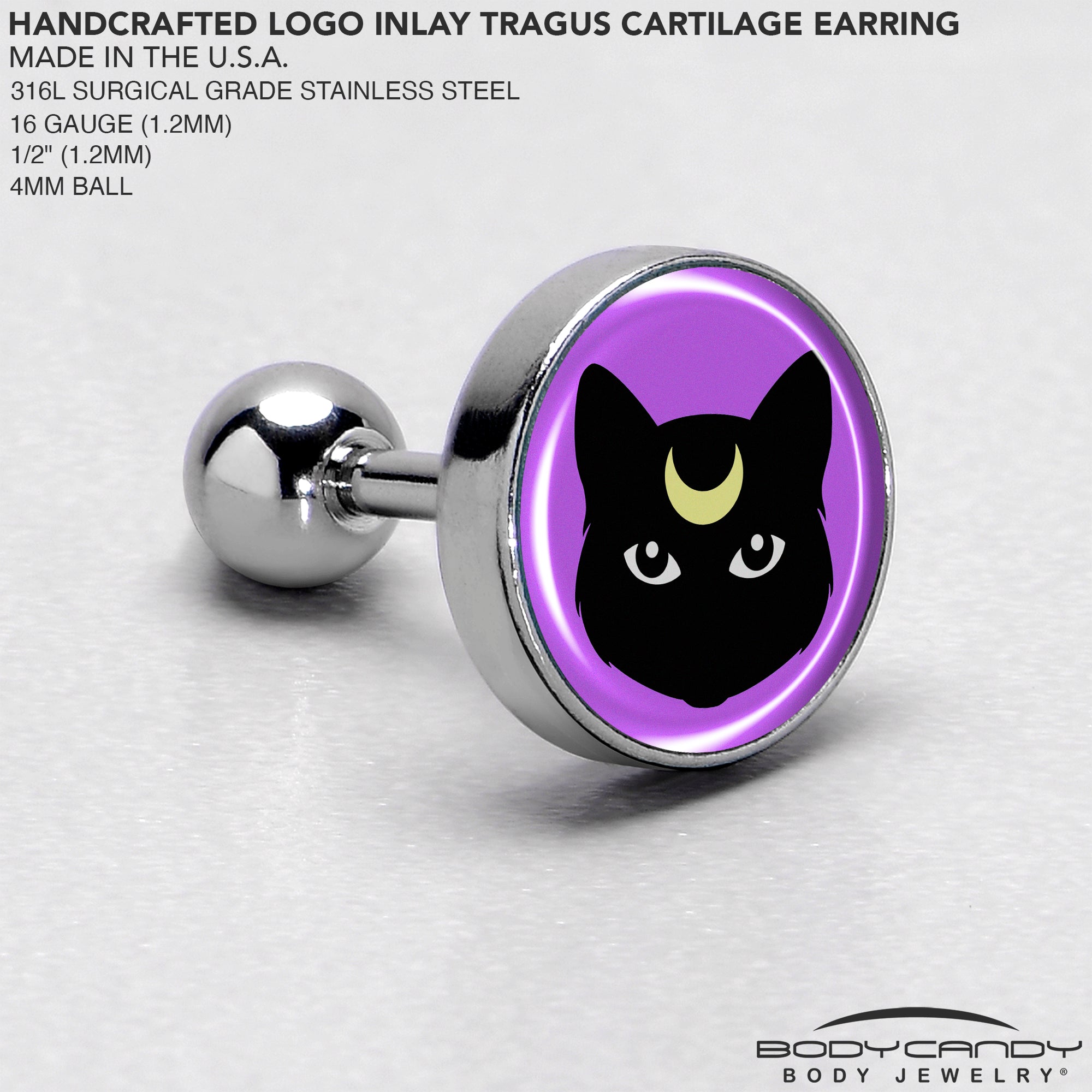 BodyCandy 16G 1/4 Black Mystic Kitty Cat Tragus Cartilage Earring by Onyx O — side view