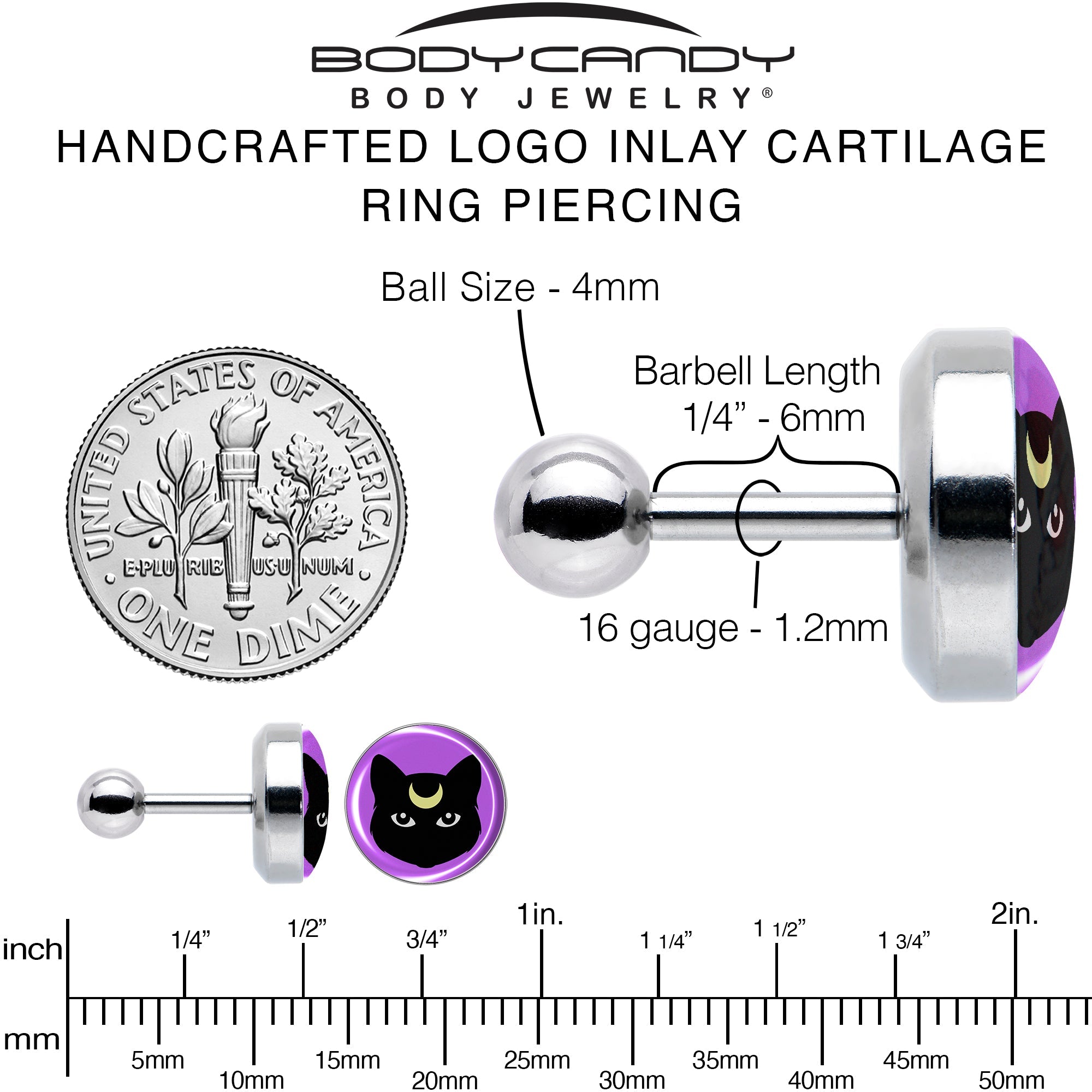 BodyCandy 16G 1/4 Black Mystic Kitty Cat Tragus Cartilage Earring by Onyx O — alternative angle