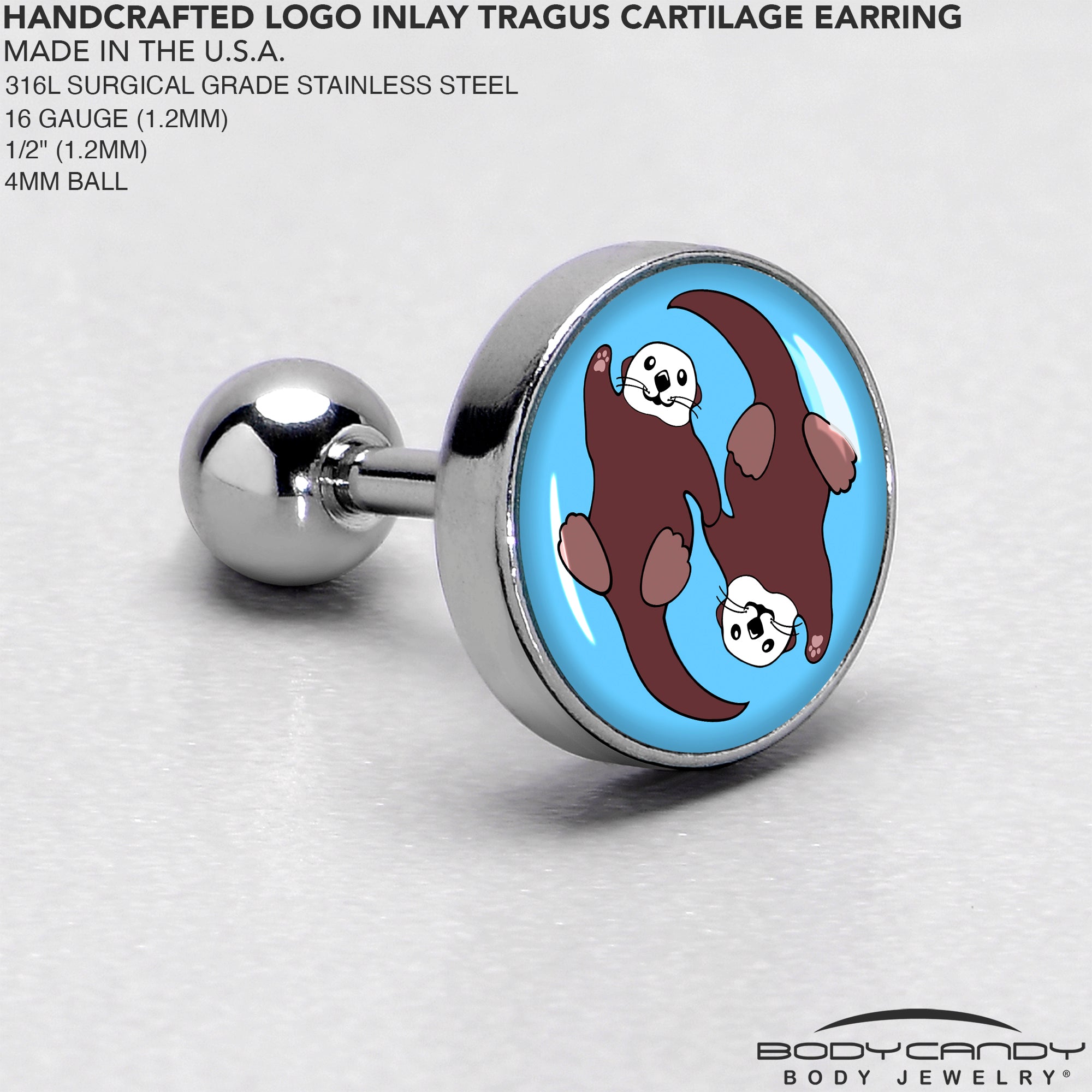 BodyCandy 16G 1/4 Oh My Otters Animal Tragus Cartilage Earring by Onyx O — side view