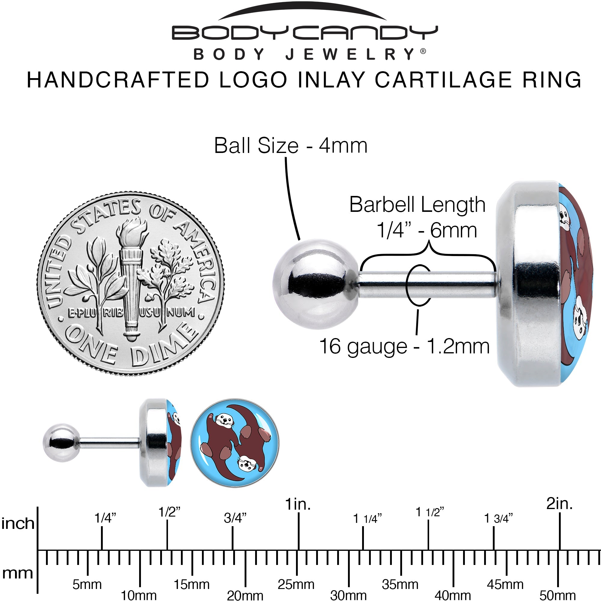 BodyCandy 16G 1/4 Oh My Otters Animal Tragus Cartilage Earring by Onyx O — alternative angle