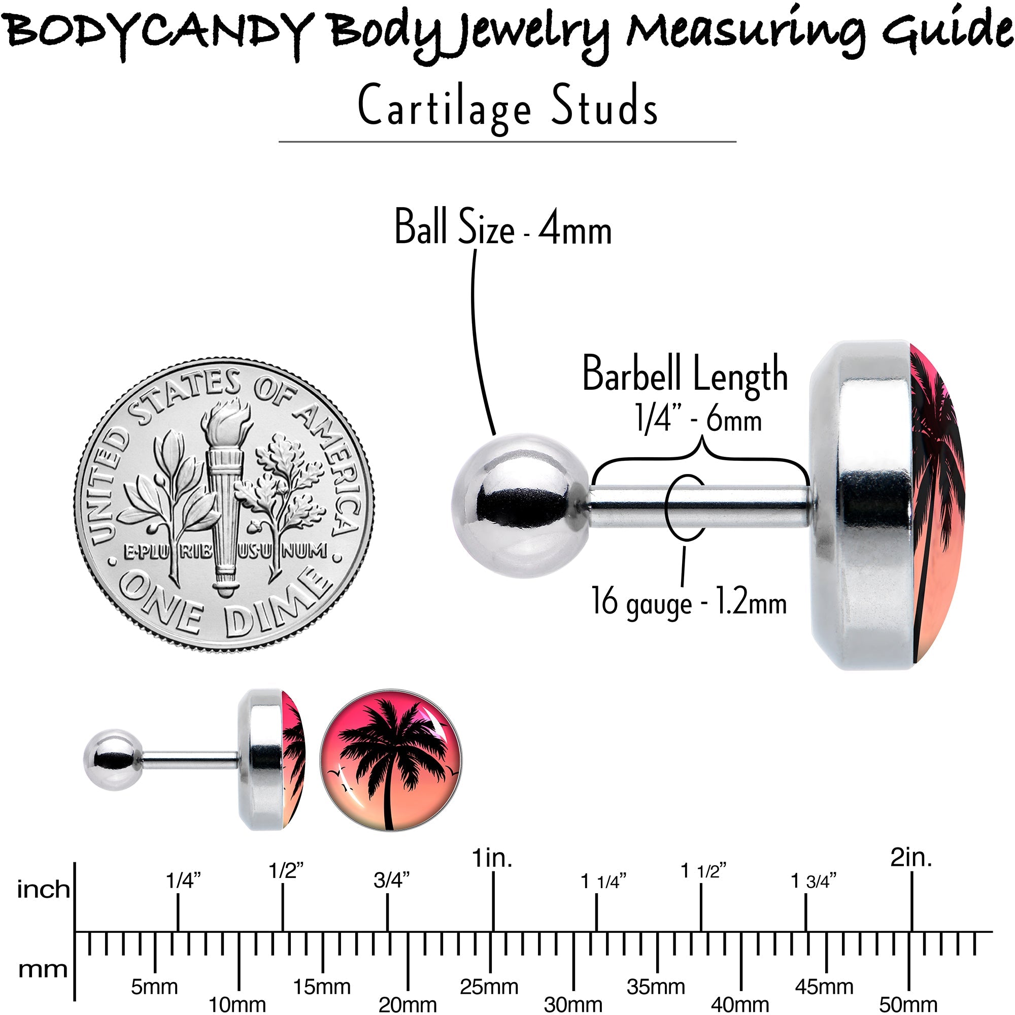 BodyCandy 16G 1/4 Red Sunset Palm Tree Cartilage Tragus Earring by Onyx O — size reference