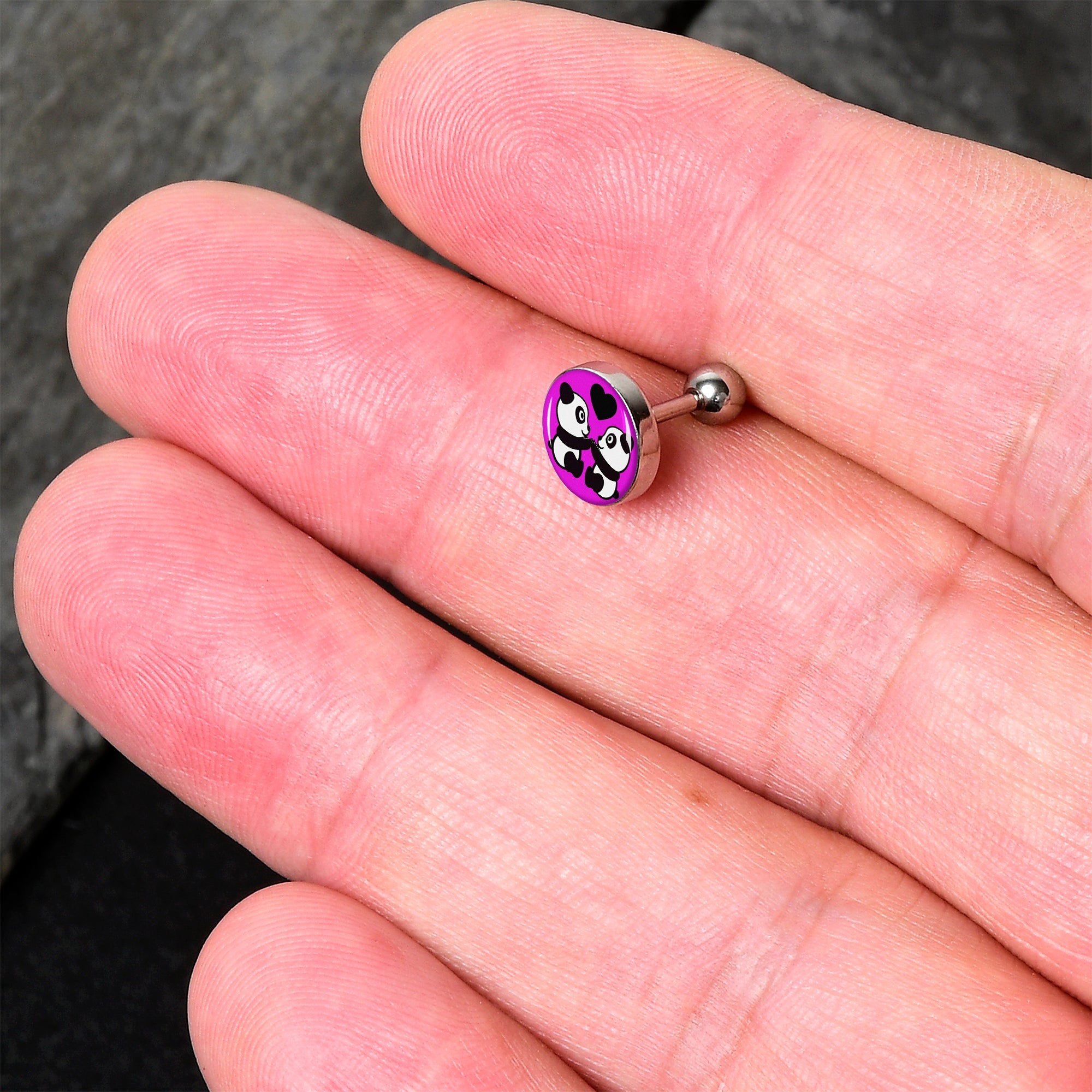 BodyCandy 16G 1/4 Panda Love Cartilage Tragus Earring by Onyx O — detail close-up