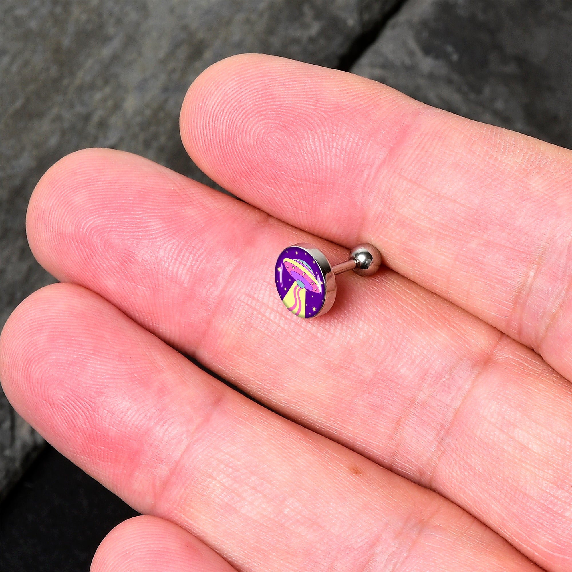 BodyCandy 16G 1/4 Style Space Invasion Tragus Cartilage Earring by Onyx O — detail close-up