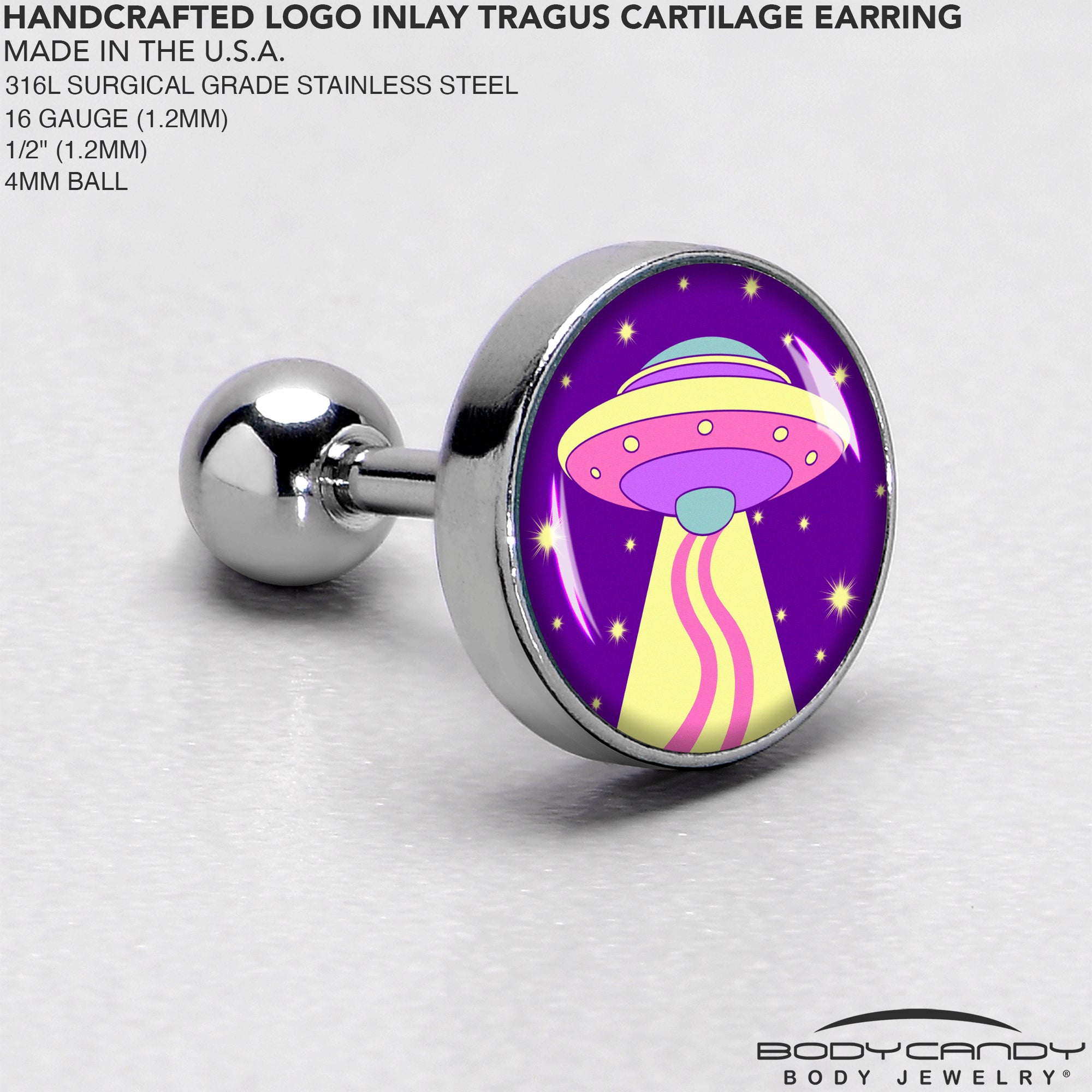 BodyCandy 16G 1/4 Style Space Invasion Tragus Cartilage Earring by Onyx O — side view