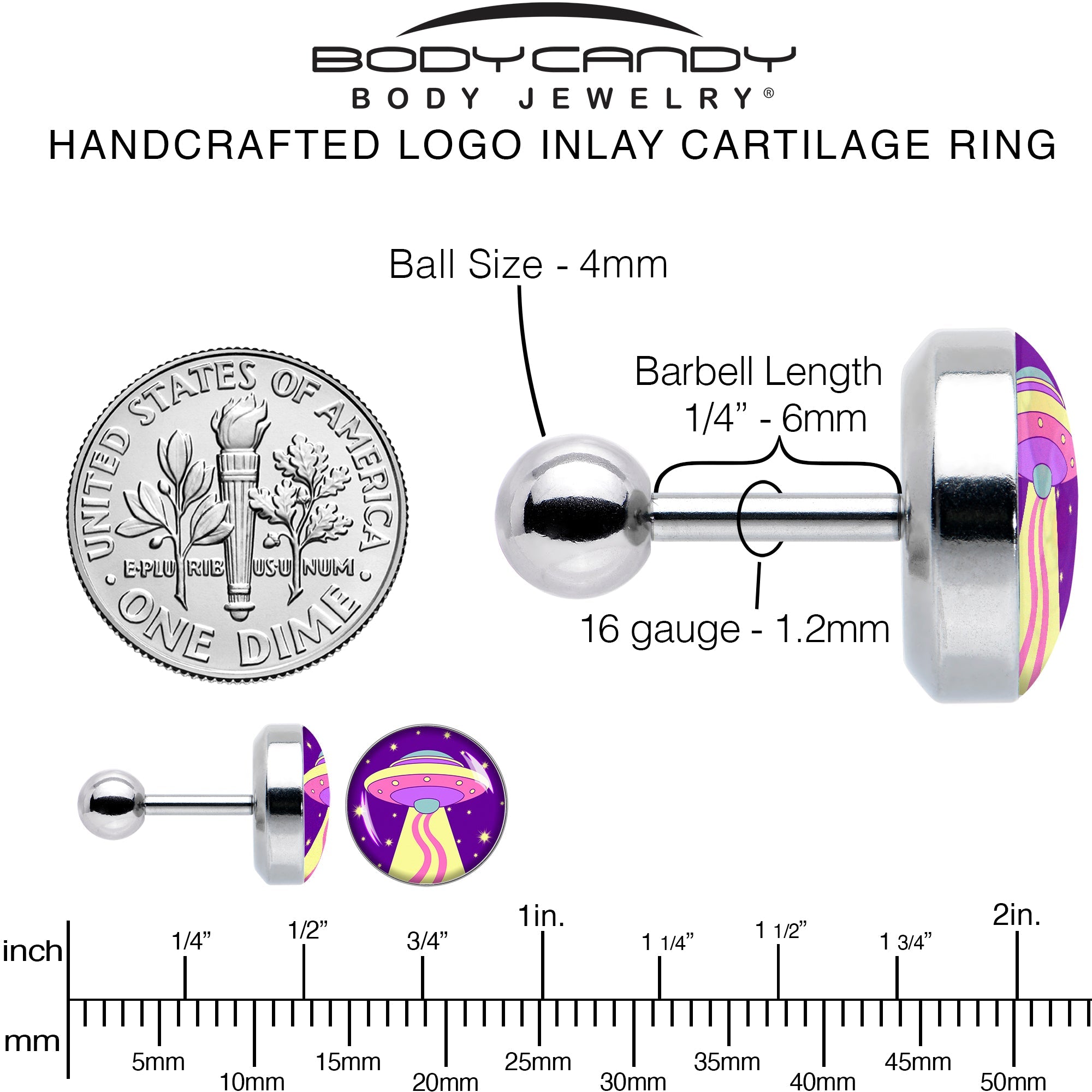 BodyCandy 16G 1/4 Style Space Invasion Tragus Cartilage Earring by Onyx O — alternative angle