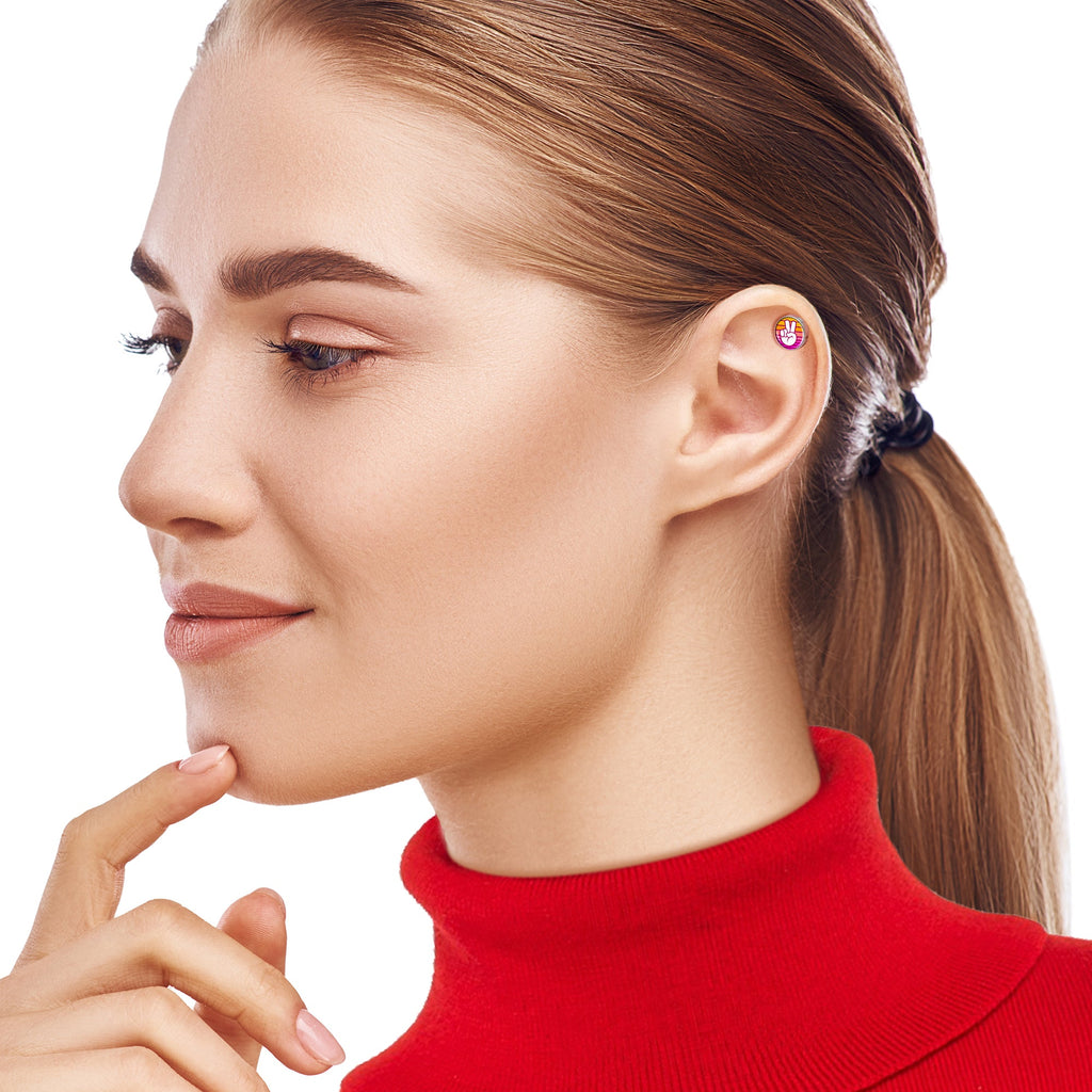 BodyCandy 16G 1/4 Retro Stripes Peace Sign Fingers Cartilage Tragus Earring by Onyx O — side view