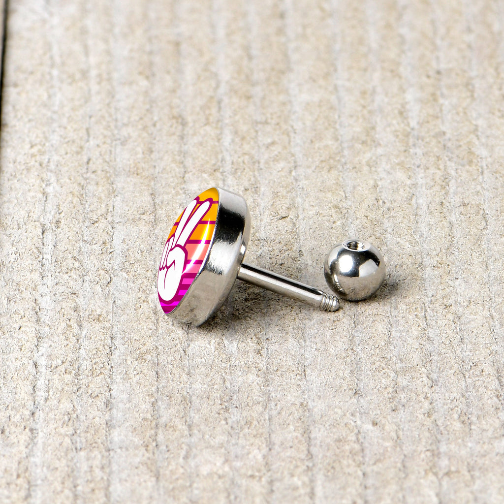 BodyCandy 16G 1/4 Retro Stripes Peace Sign Fingers Cartilage Tragus Earring by Onyx O — back view