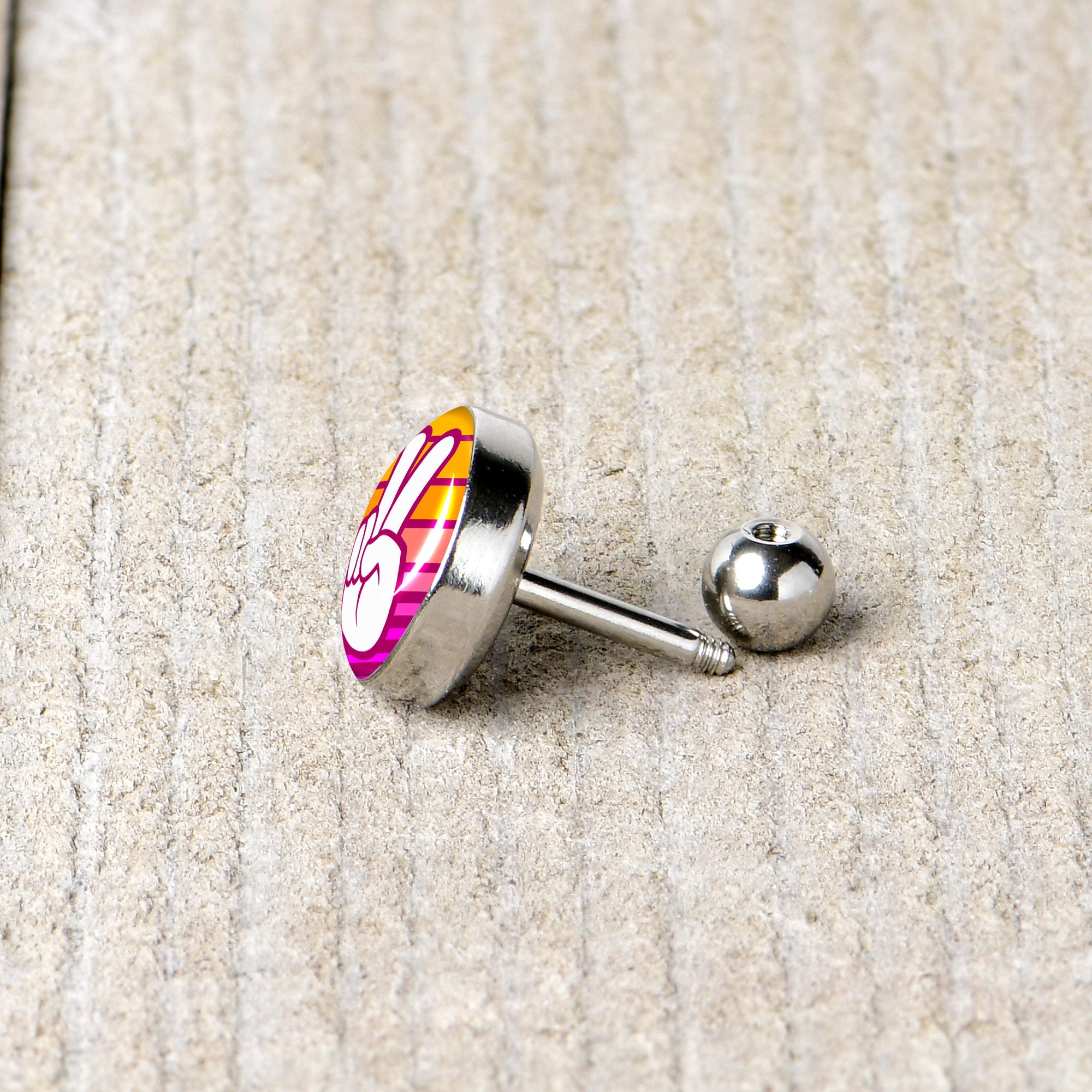 BodyCandy 16G 1/4 Retro Stripes Peace Sign Fingers Cartilage Tragus Earring by Onyx O — back view