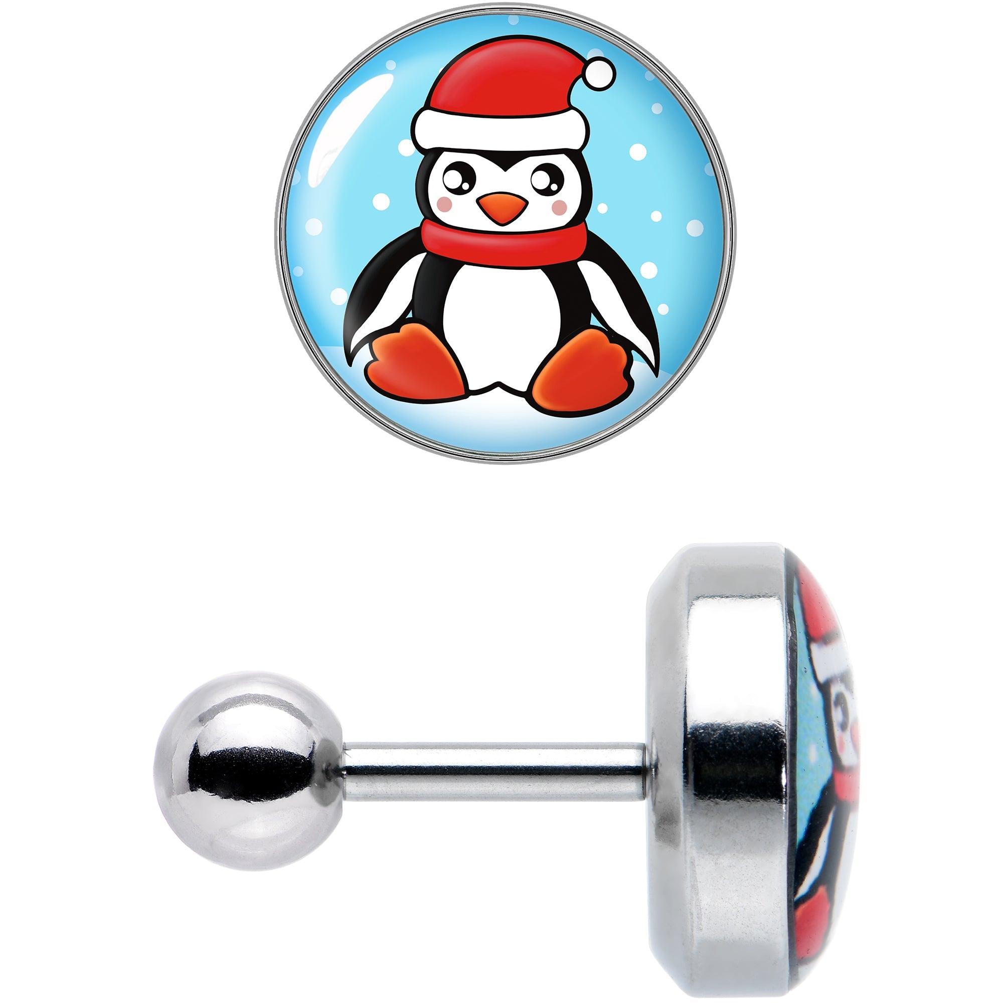 BodyCandy 16G 1/4 Snowfall Holiday Penguin Tragus Cartilage Earring by Onyx O — detail close-up