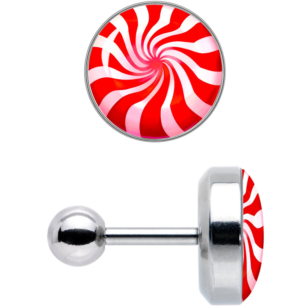 BodyCandy 16G 1/4 Holiday Peppermint Candy Tragus Cartilage Earring — detail close-up