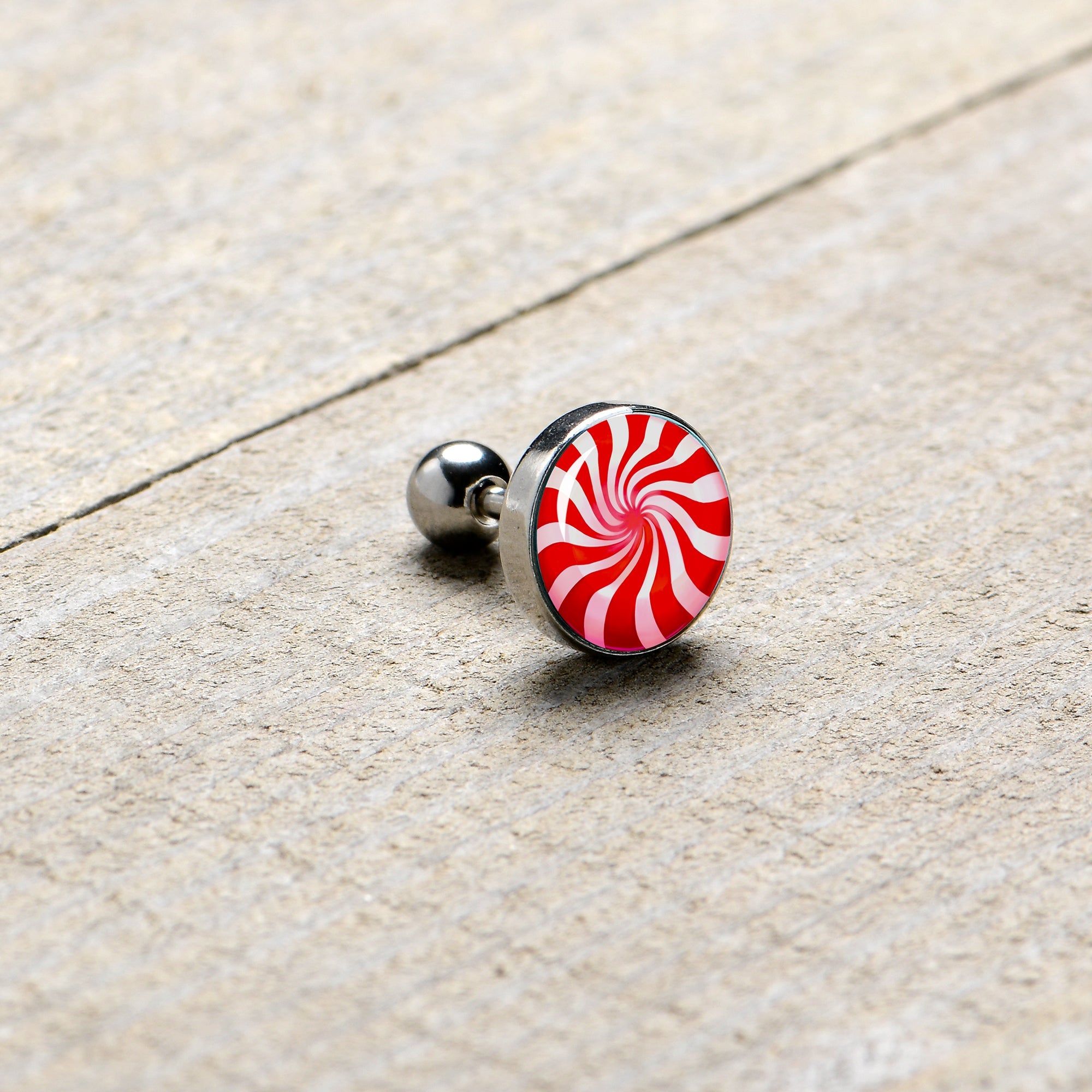 BodyCandy 16G 1/4 Holiday Peppermint Candy Tragus Cartilage Earring — alternative angle