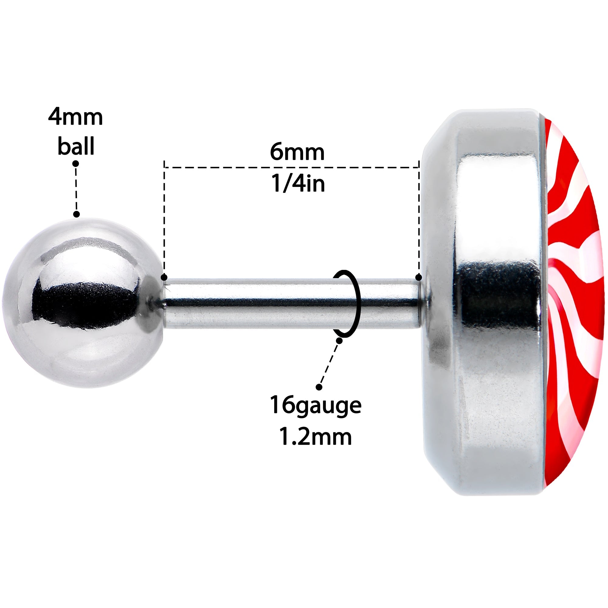 BodyCandy 16G 1/4 Holiday Peppermint Candy Tragus Cartilage Earring — in-use photo