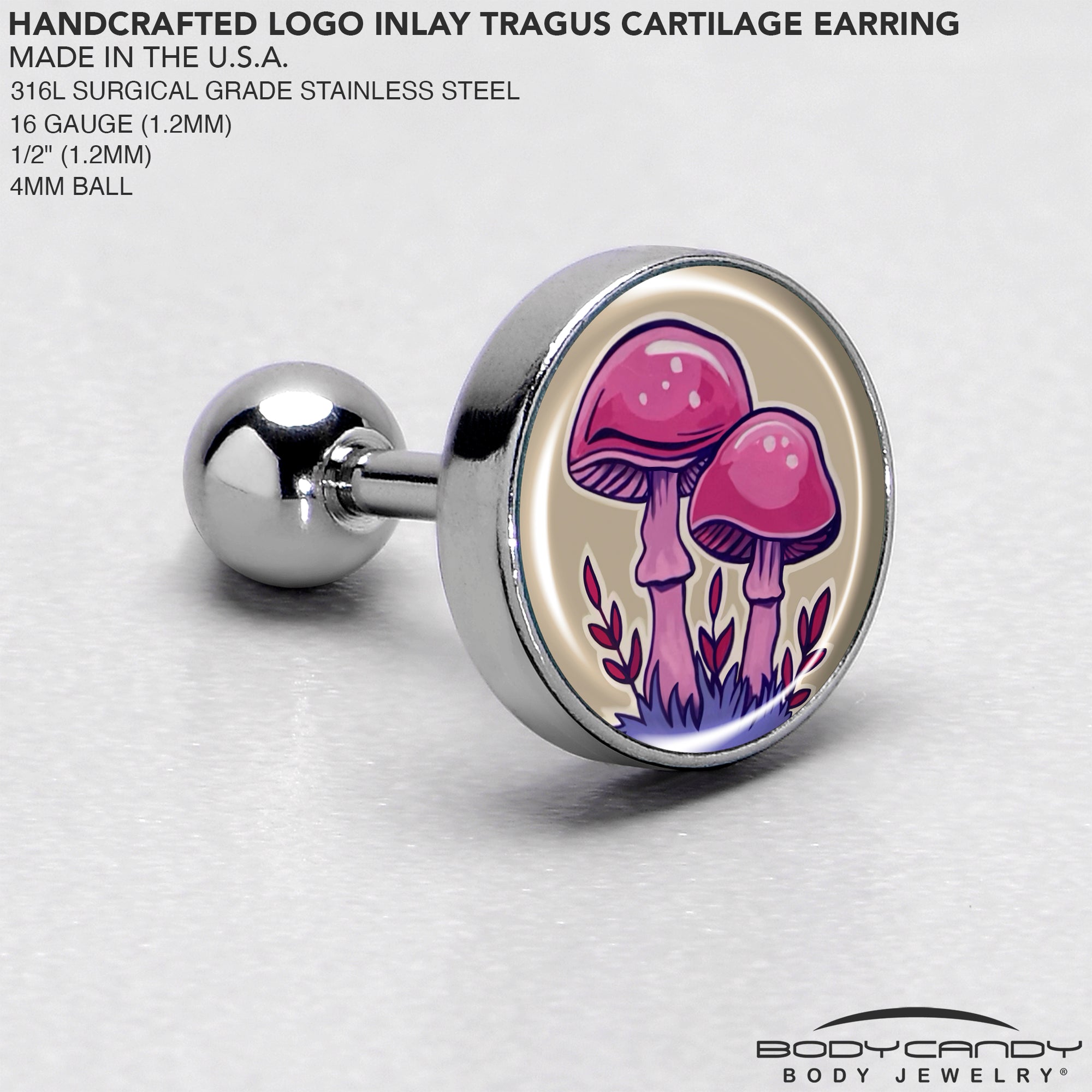 BodyCandy 16G 1/4 Artist Drawn Pink Mushrooms Tragus Cartilage Earring by Onyx O — side view