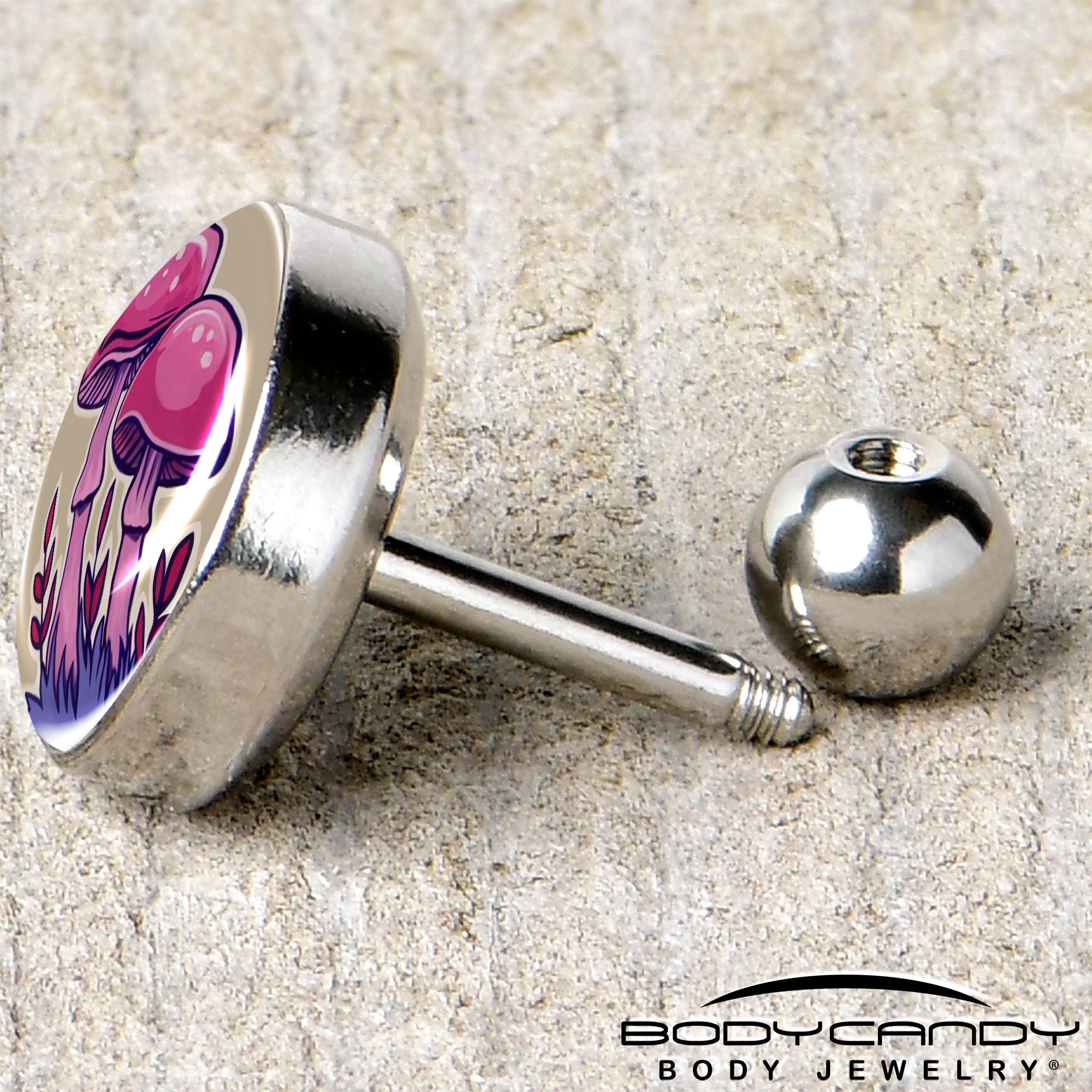 BodyCandy 16G 1/4 Artist Drawn Pink Mushrooms Tragus Cartilage Earring by Onyx O — back view