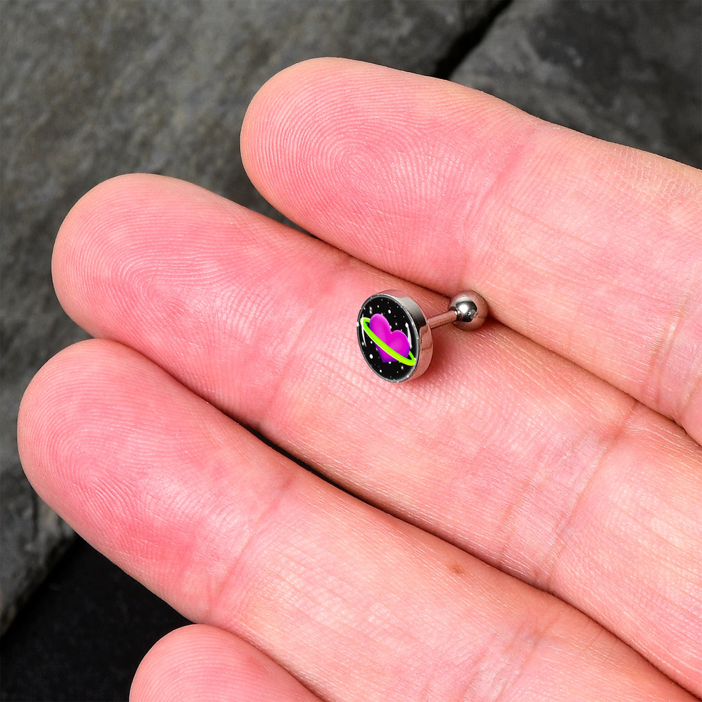 BodyCandy 16G 1/4 Heart Planet Cartilage Tragus Earring by Onyx O — detail close-up