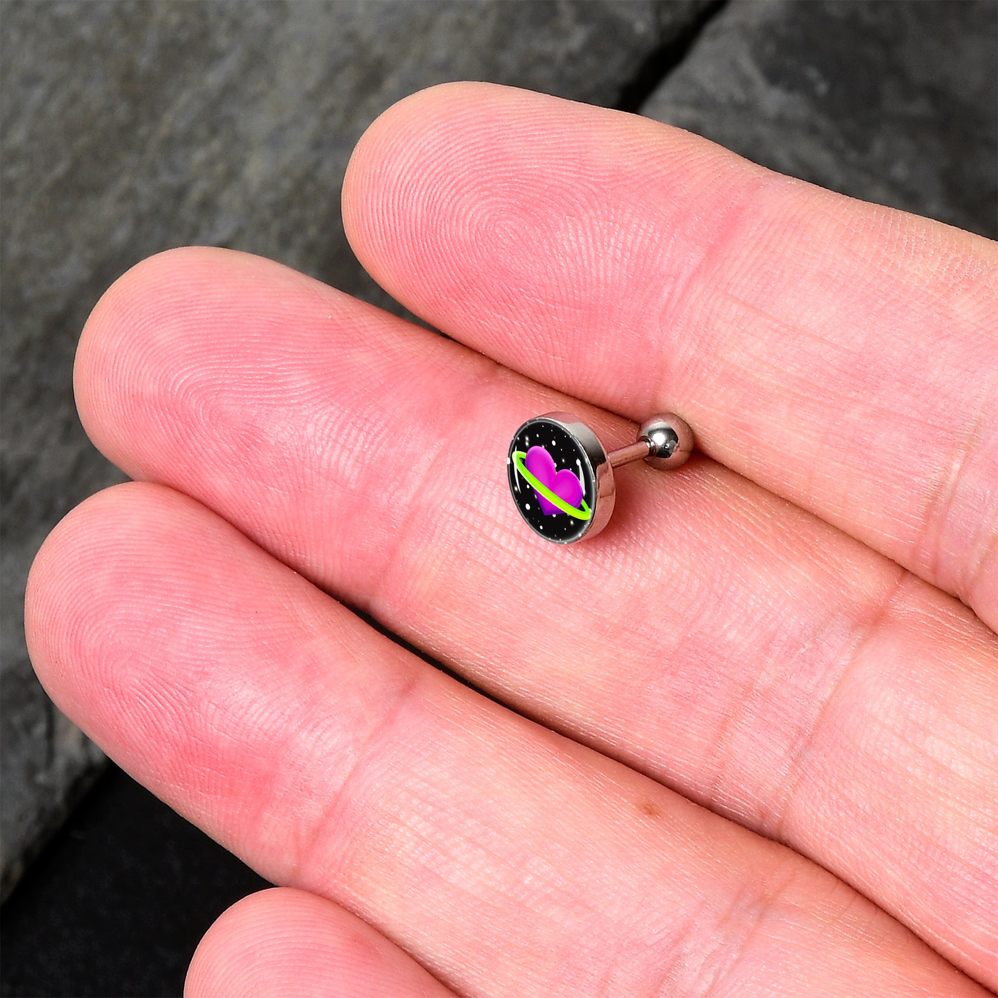 BodyCandy 16G 1/4 Heart Planet Cartilage Tragus Earring by Onyx O — detail close-up