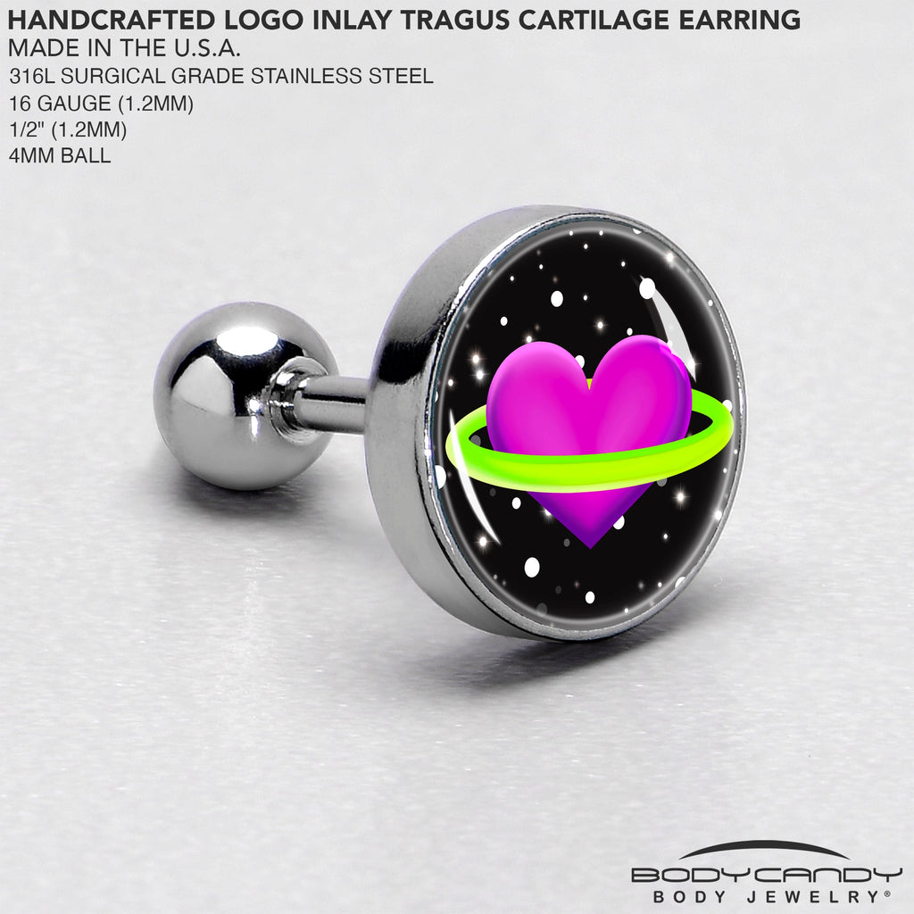 BodyCandy 16G 1/4 Heart Planet Cartilage Tragus Earring by Onyx O — side view