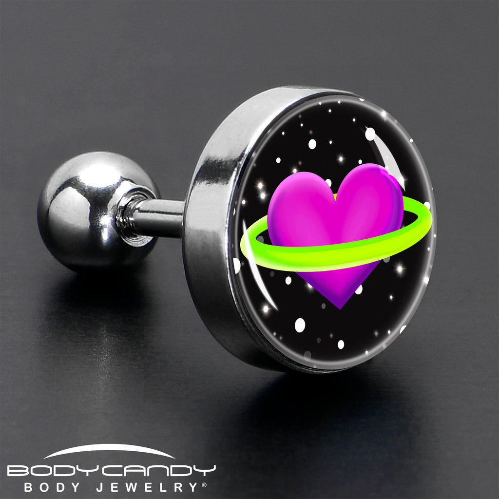 BodyCandy 16G 1/4 Heart Planet Cartilage Tragus Earring by Onyx O — in-use photo