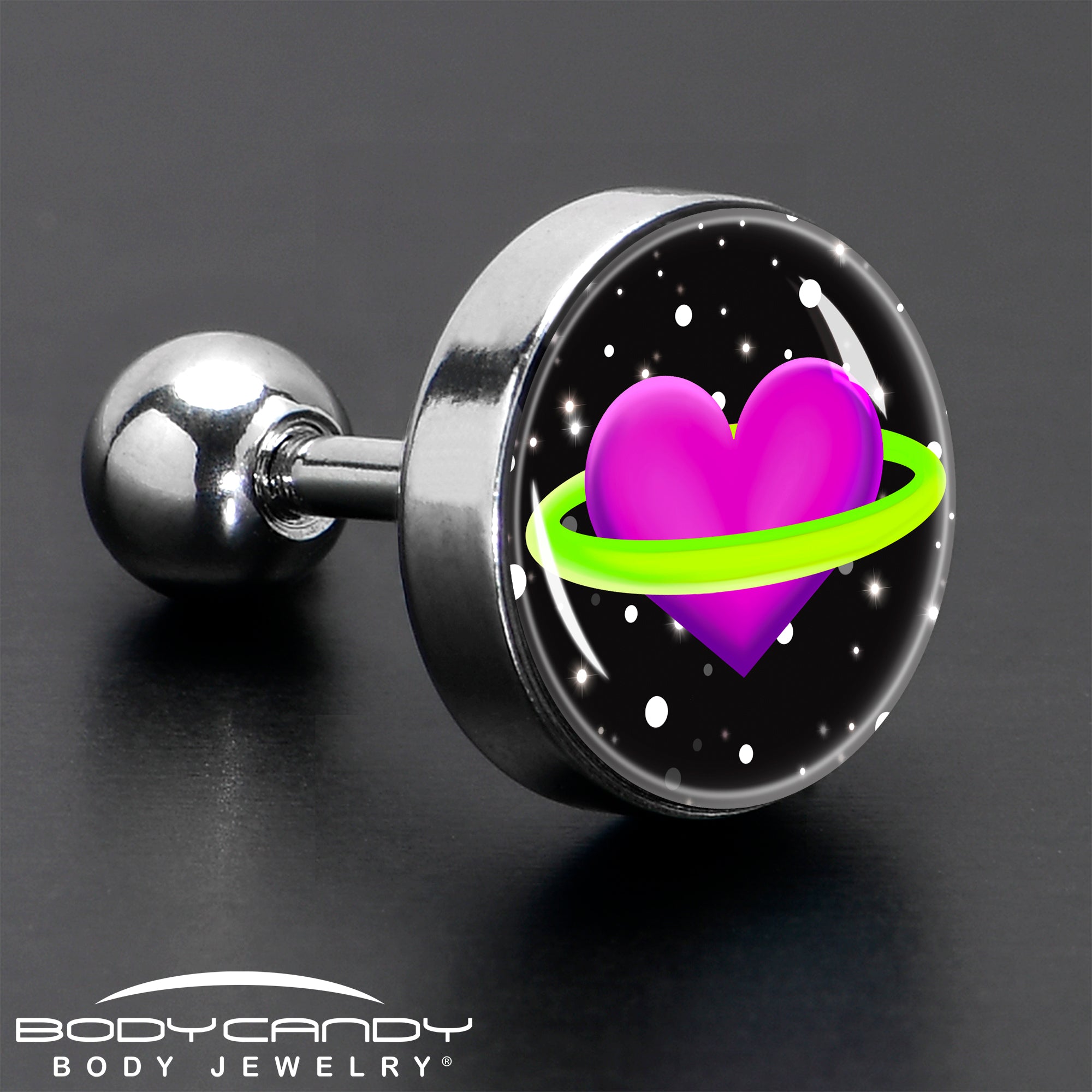 BodyCandy 16G 1/4 Heart Planet Cartilage Tragus Earring by Onyx O — in-use photo
