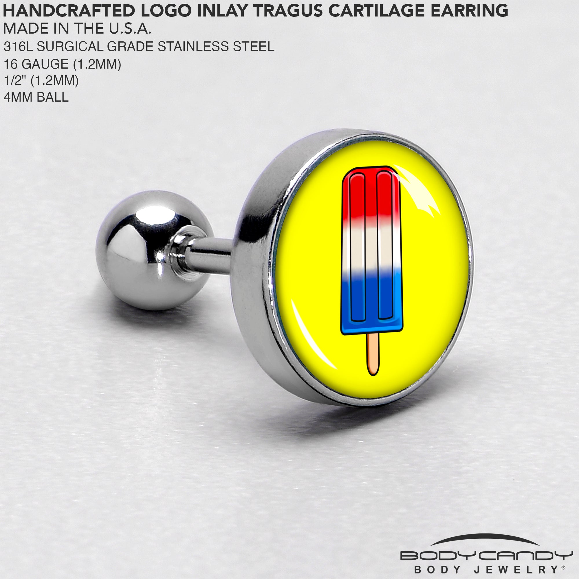 BodyCandy 16G 1/4 Popsicle Treat Cartilage Tragus Earring by Onyx O — side view
