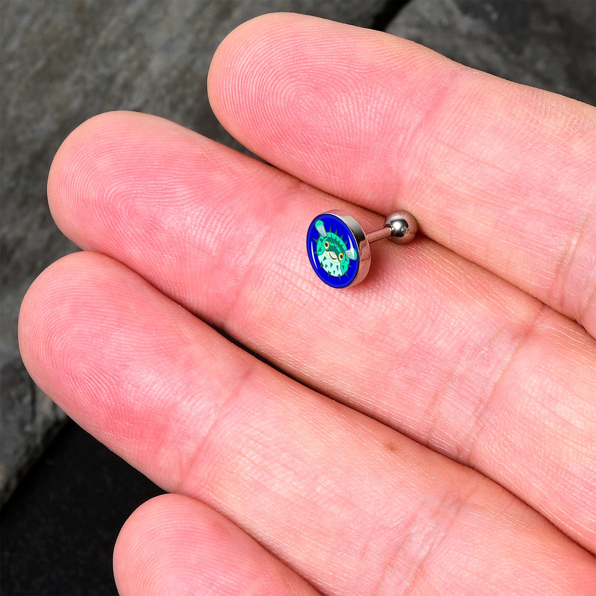 BodyCandy 16G 1/4 Pufferfish Cartilage Tragus Earring by Onyx O — detail close-up