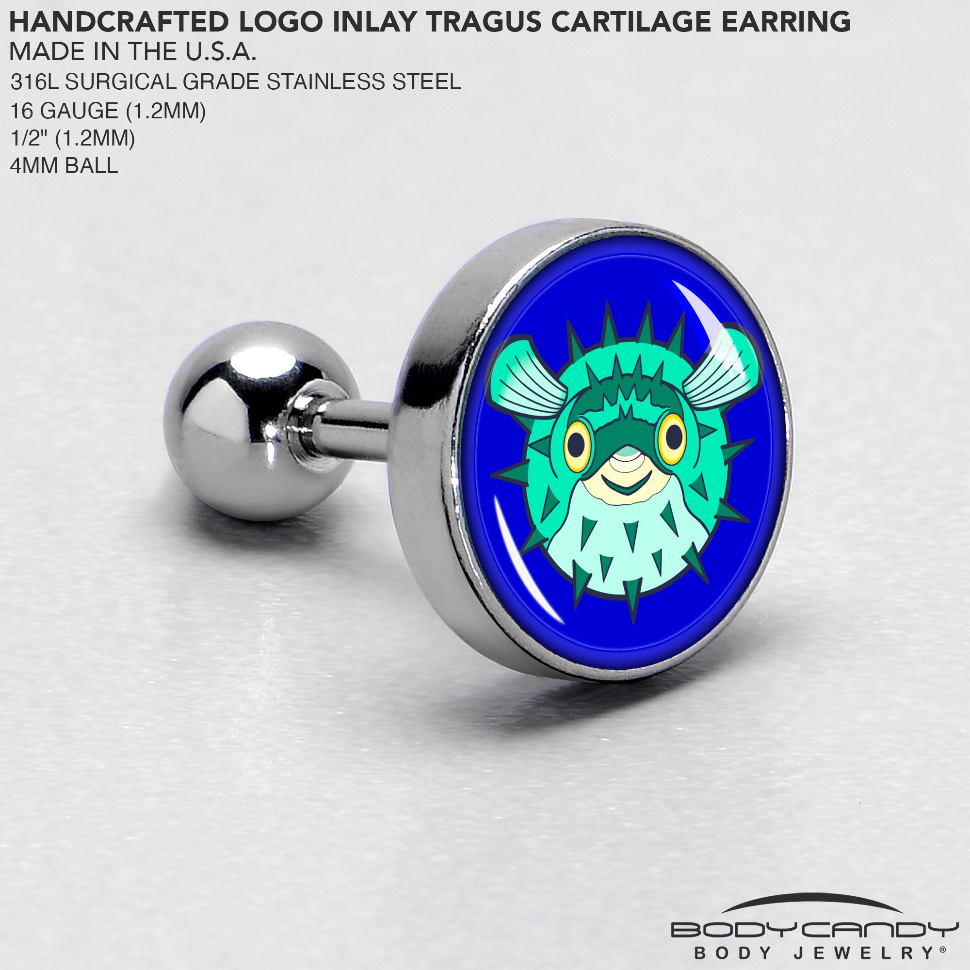 BodyCandy 16G 1/4 Pufferfish Cartilage Tragus Earring by Onyx O — side view