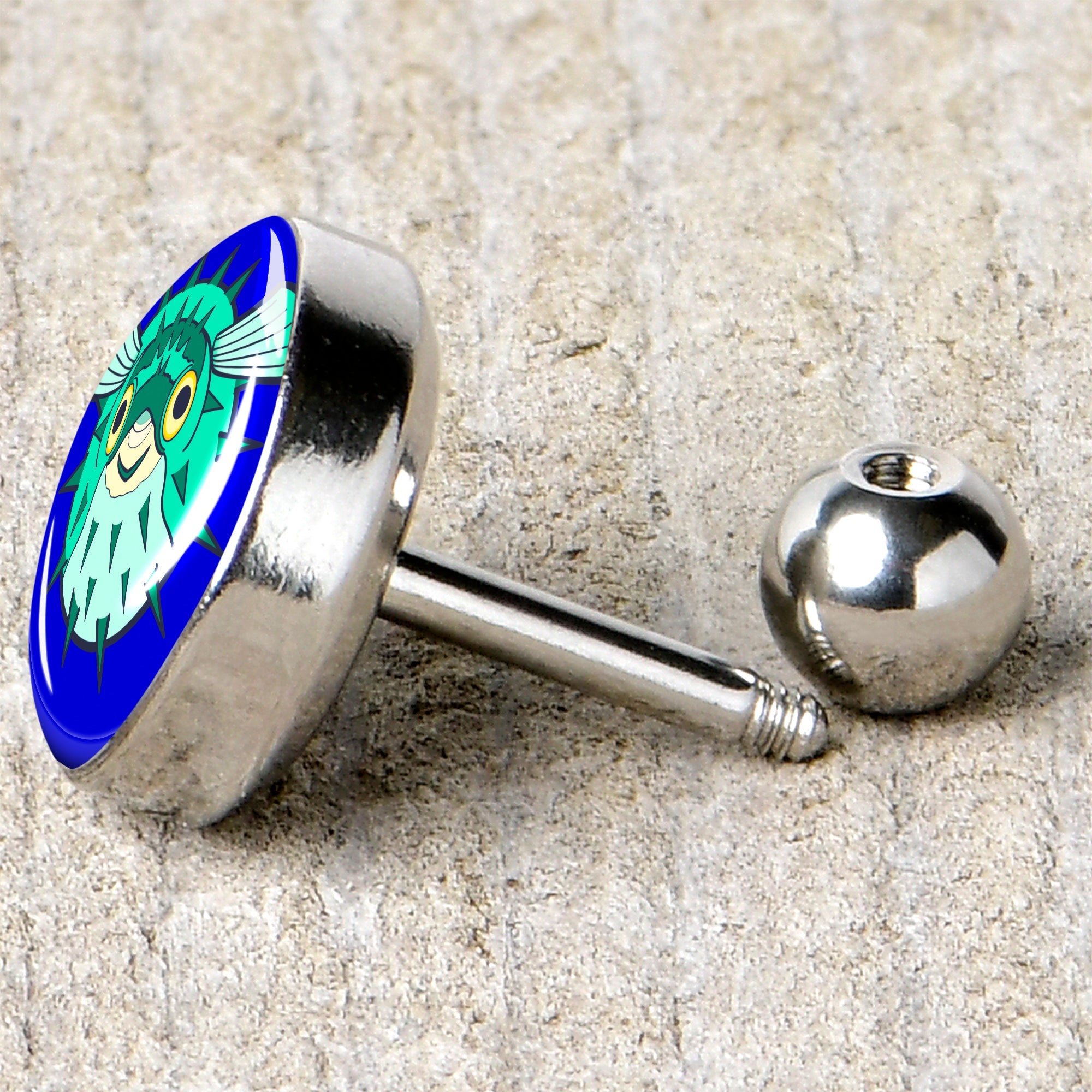 BodyCandy 16G 1/4 Pufferfish Cartilage Tragus Earring by Onyx O — back view