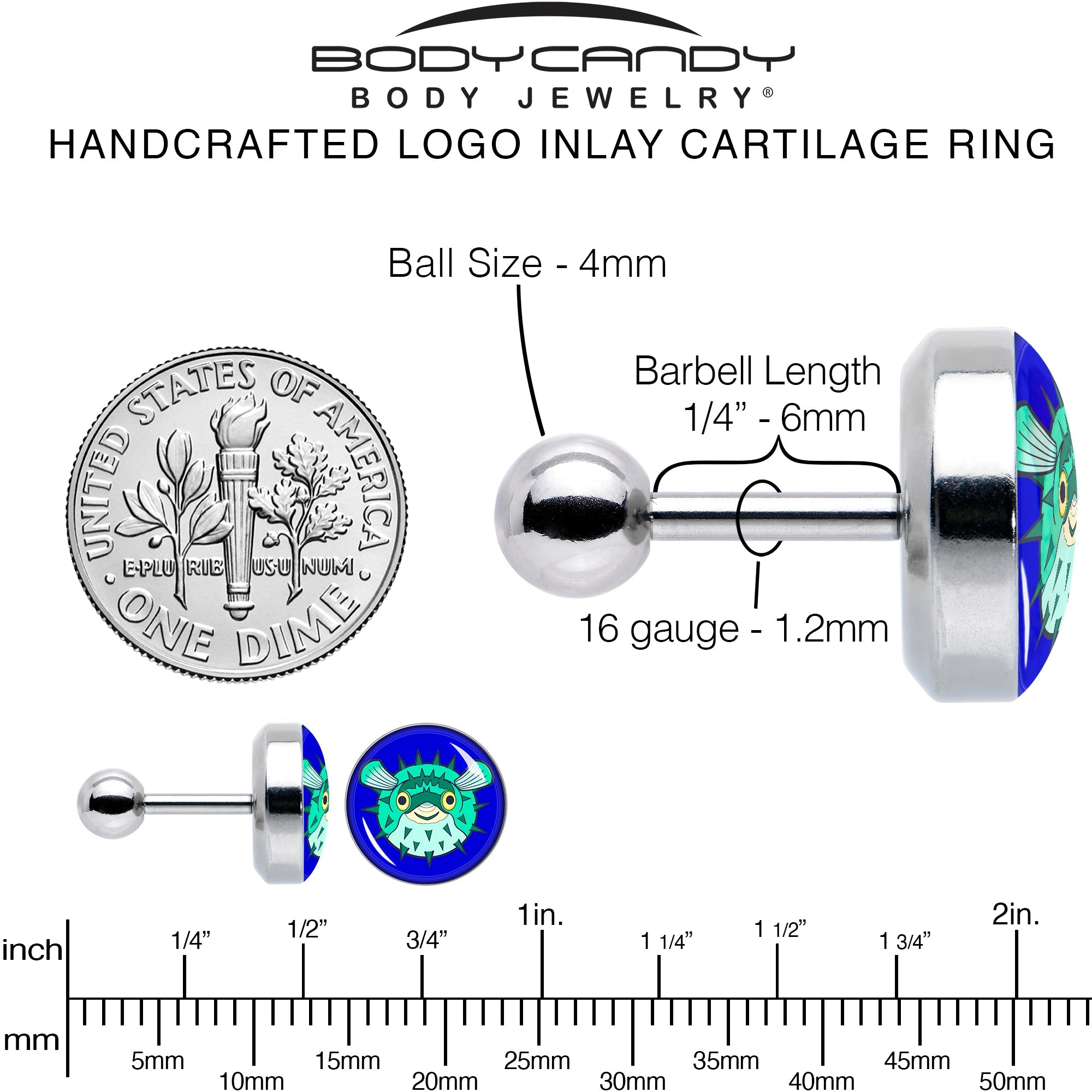 BodyCandy 16G 1/4 Pufferfish Cartilage Tragus Earring by Onyx O — alternative angle