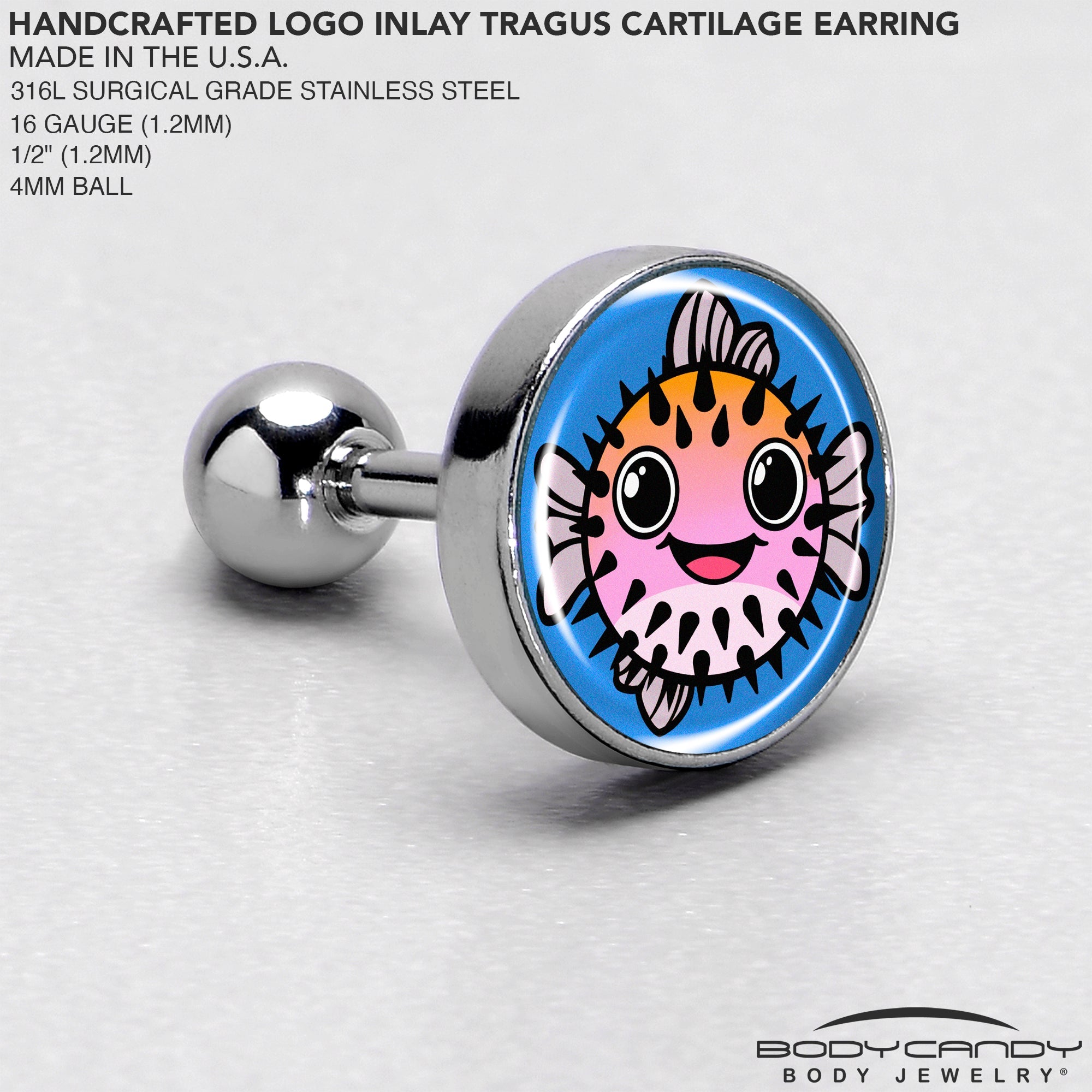 BodyCandy 16G 1/4 Swimming Pufferfish Tragus Cartilage Earring by Onyx O — side view