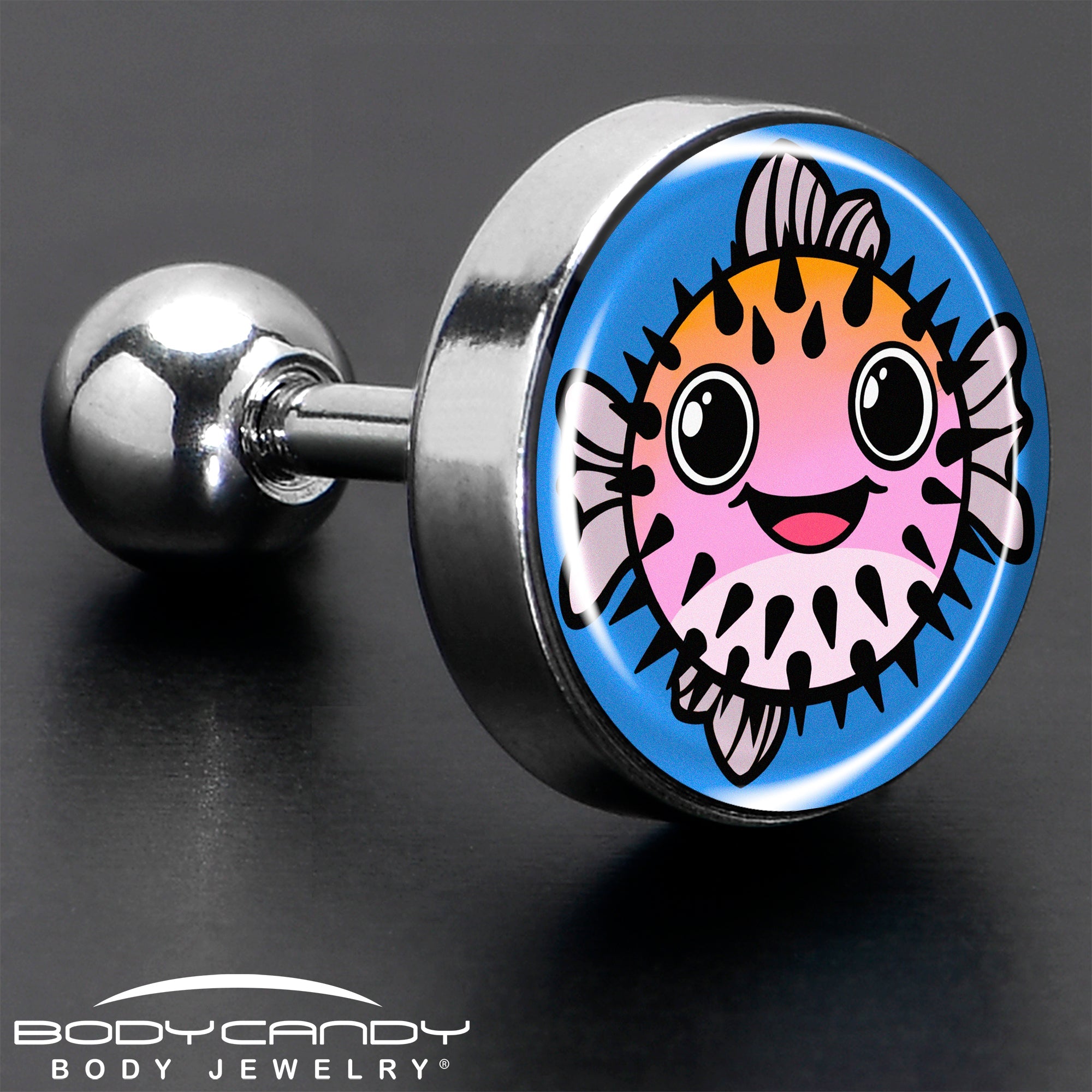 BodyCandy 16G 1/4 Swimming Pufferfish Tragus Cartilage Earring by Onyx O — in-use photo