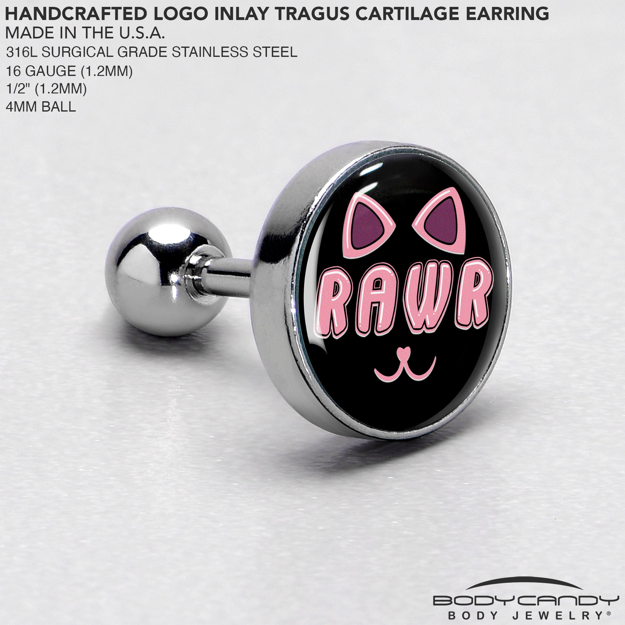 BodyCandy 16G 1/4 RAWR Kittly Cat Tragus Cartilage Earring by Onyx O — side view
