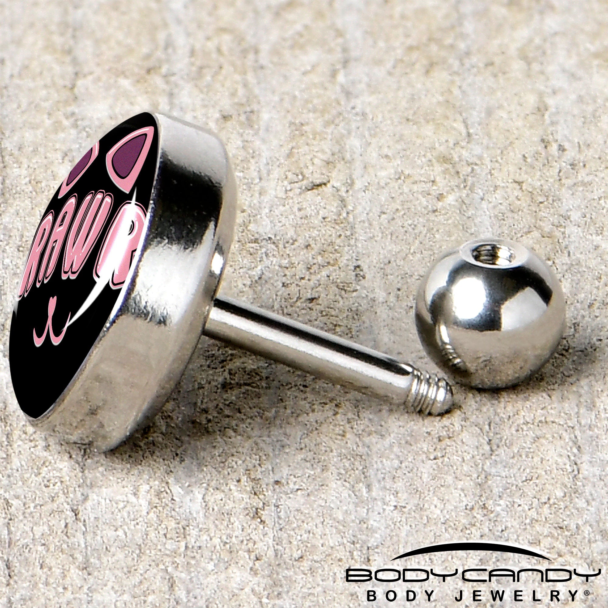 BodyCandy 16G 1/4 RAWR Kittly Cat Tragus Cartilage Earring by Onyx O — back view