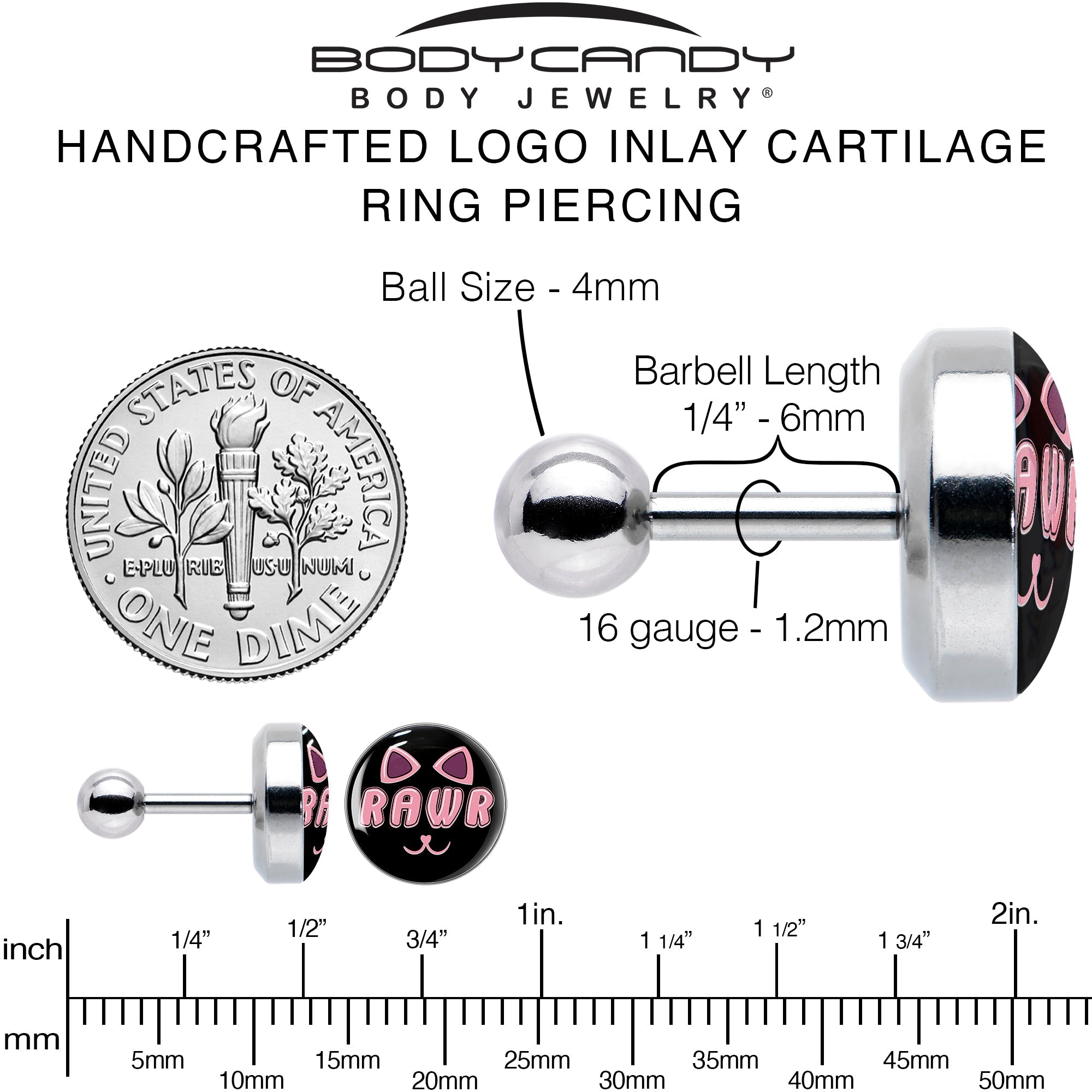 BodyCandy 16G 1/4 RAWR Kittly Cat Tragus Cartilage Earring by Onyx O — alternative angle