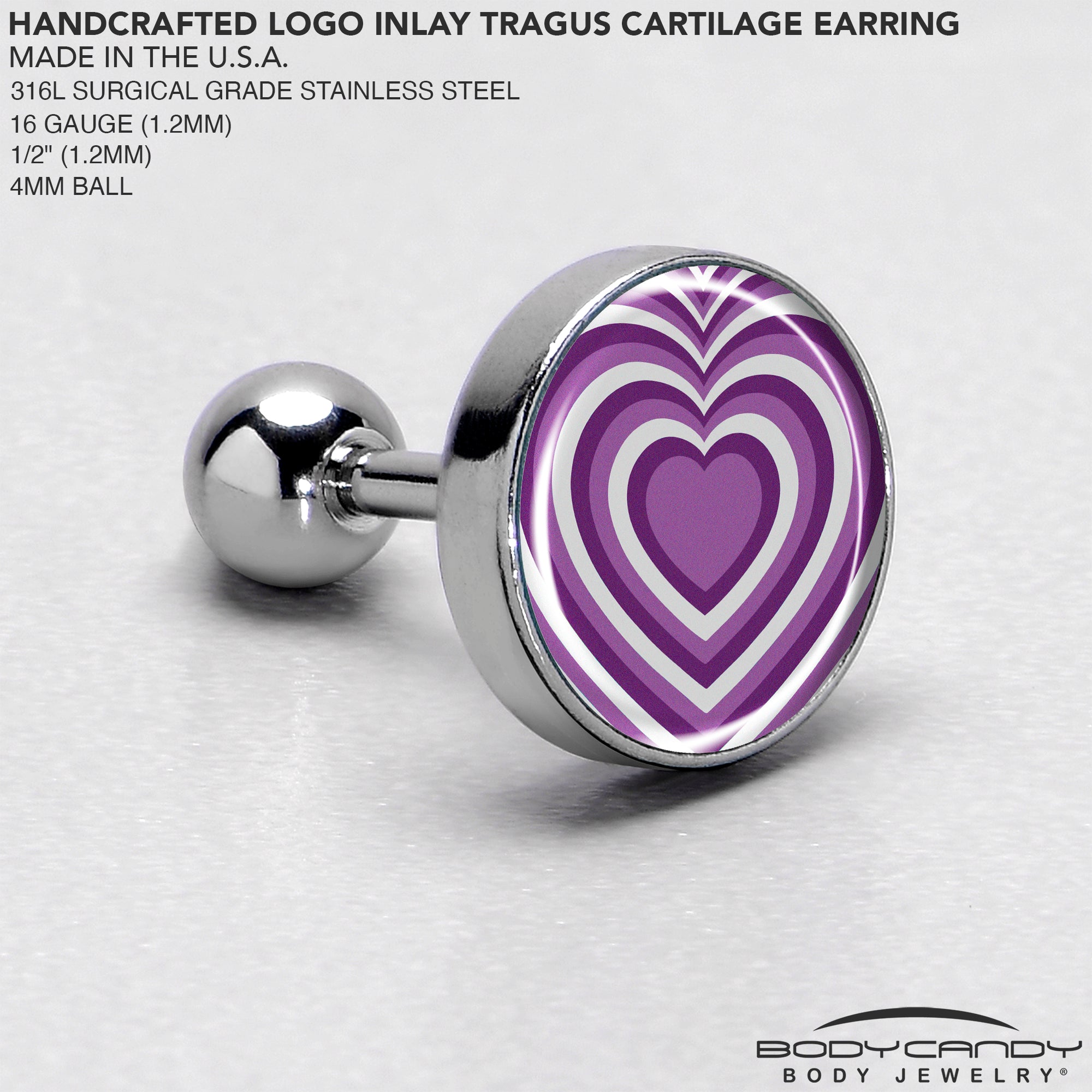 BodyCandy 16G 1/4 Purple Retro Heart Tragus Cartilage Earring by Onyx O — side view