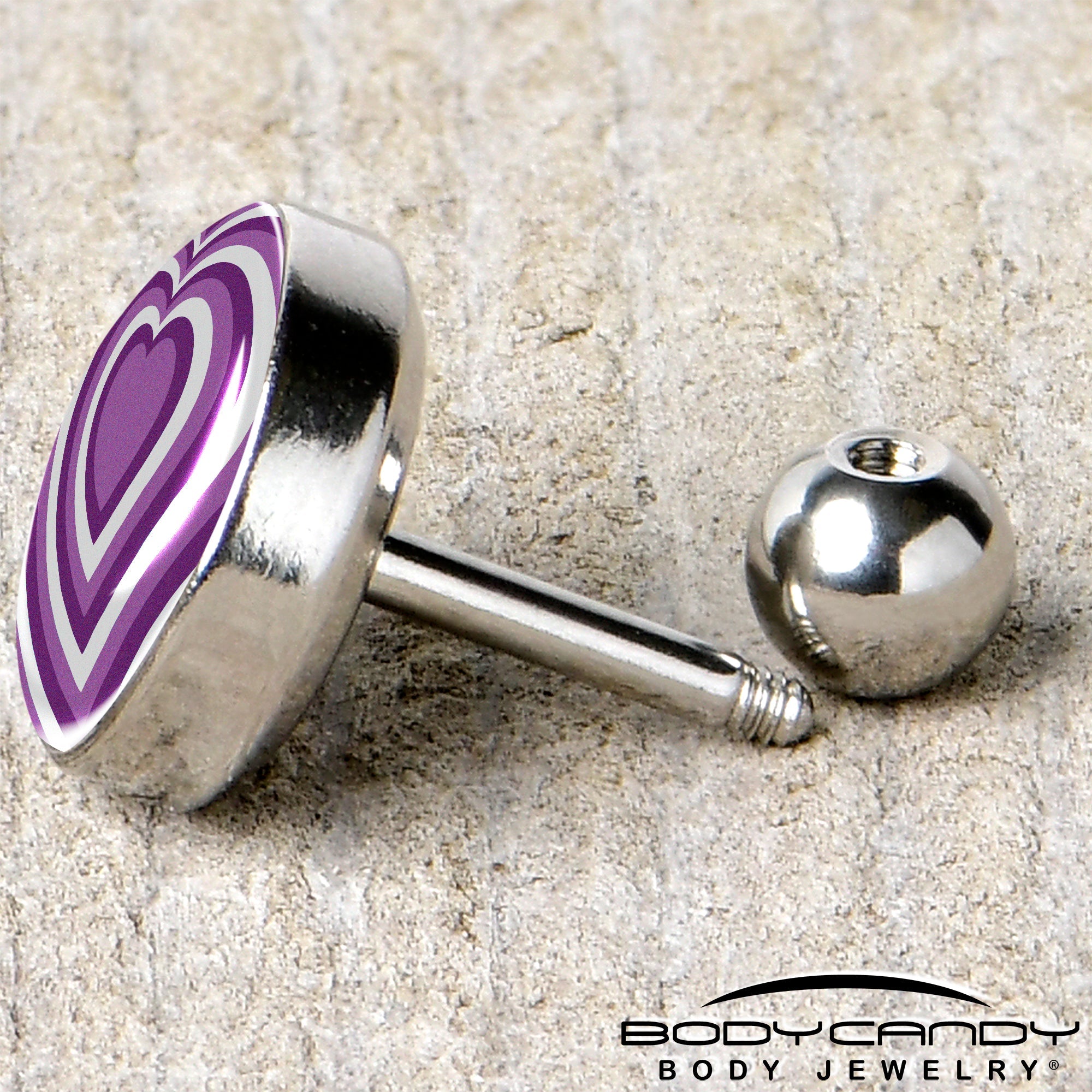 BodyCandy 16G 1/4 Purple Retro Heart Tragus Cartilage Earring by Onyx O — back view