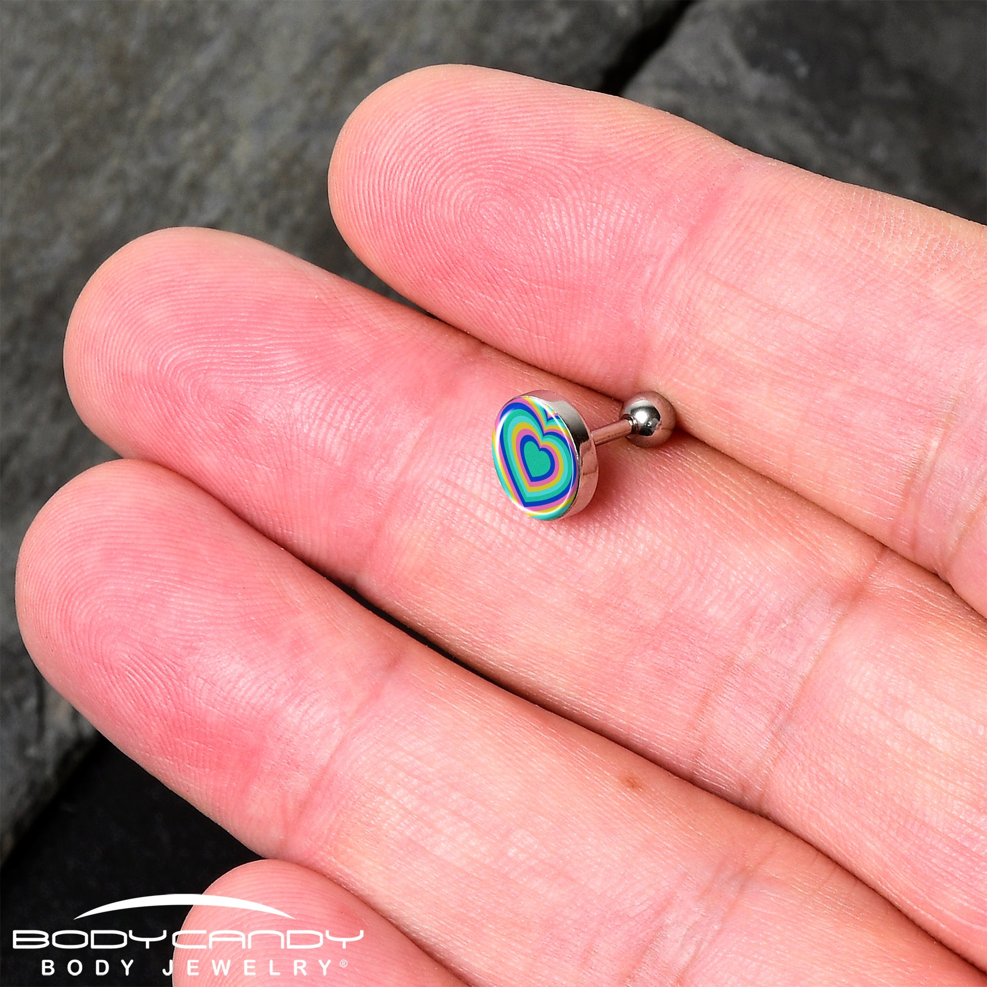 BodyCandy 16G 1/4 Rainbow Retro Heart Tragus Cartilage Earring by Onyx O — detail close-up