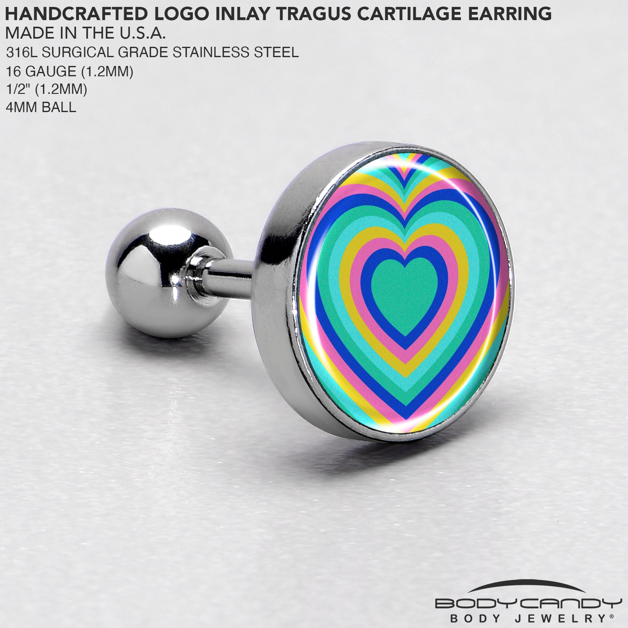 BodyCandy 16G 1/4 Rainbow Retro Heart Tragus Cartilage Earring by Onyx O — side view
